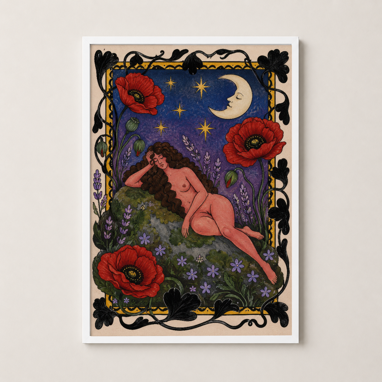 Beyaz çerçeveli, mistik ve çiçek motifleriyle süslenmiş, sanat deco tarzında görkemli poster.