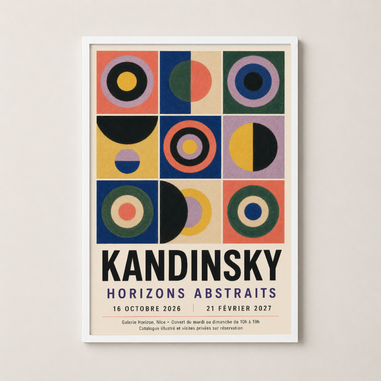 Beyaz çerçeveli Kandinsky sanat tablosu, soyut daire ve şekilleriyle zarif ve çağdaş görünüm.