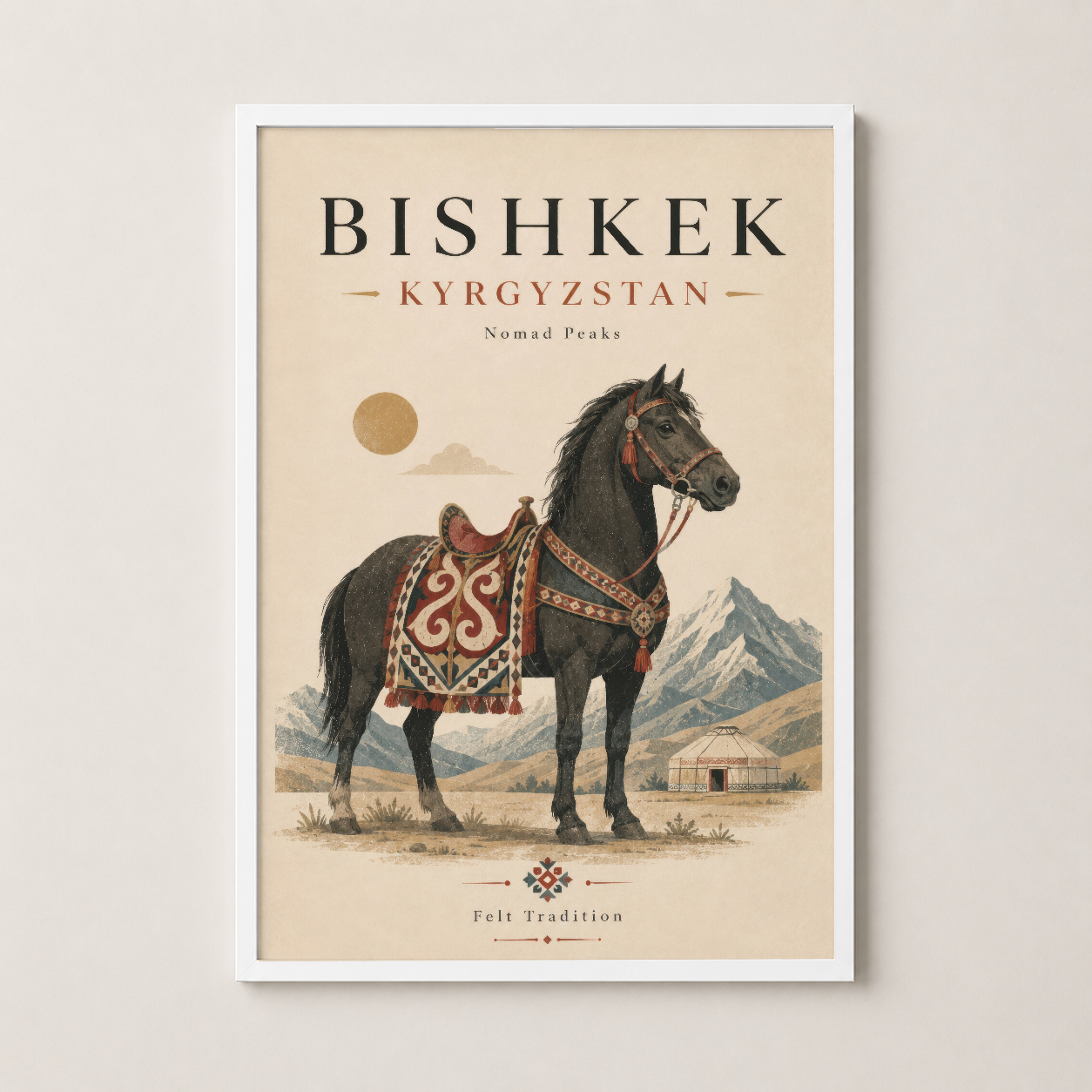 Beyaz çerçeveli Bishkek tablosu, etnik at motifi ve dağ peyzajıyla ev dekorasyonuna.