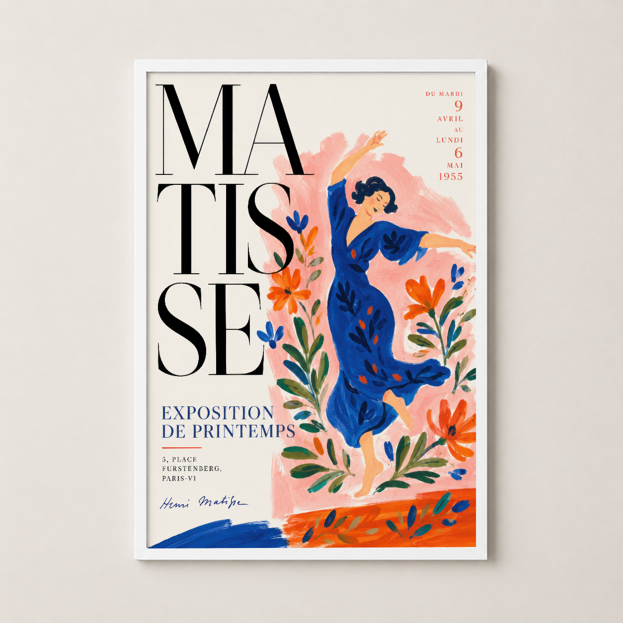 Matisse sergisi tablosu beyaz çerçevede, pastel tonlar ve geometrik formlarla minimalist iç tasarım için.