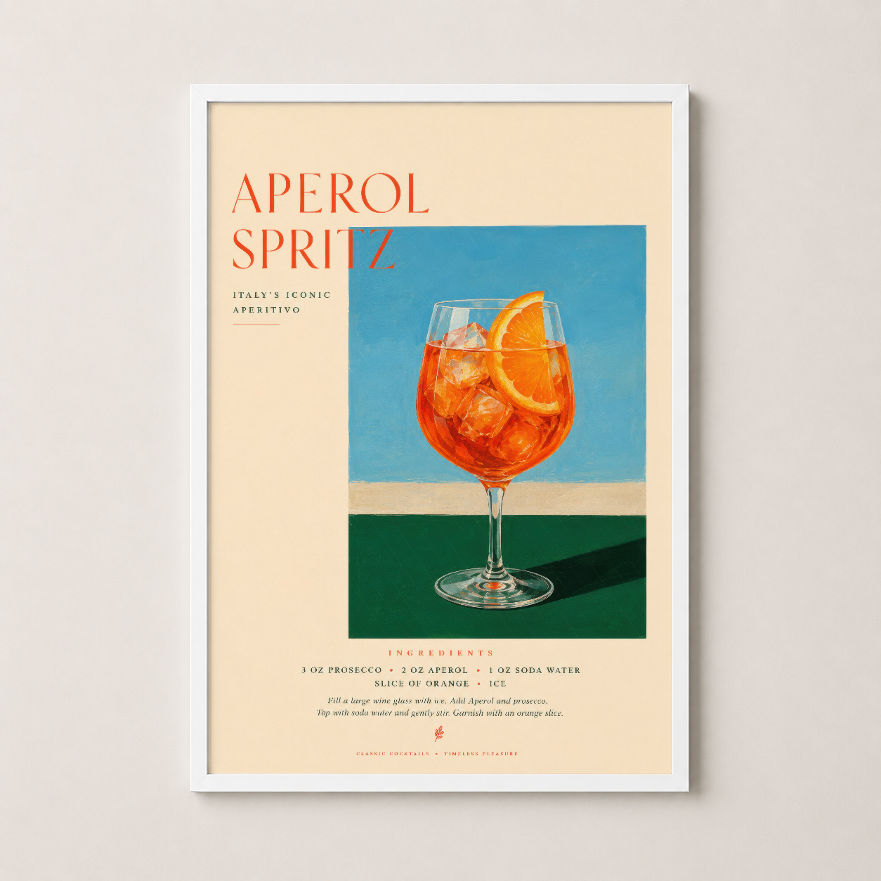 Aperol Spritz sanat baskısı beyaz çerçeveli, modern ve temiz tasarıma sahip duvar tablosu.
