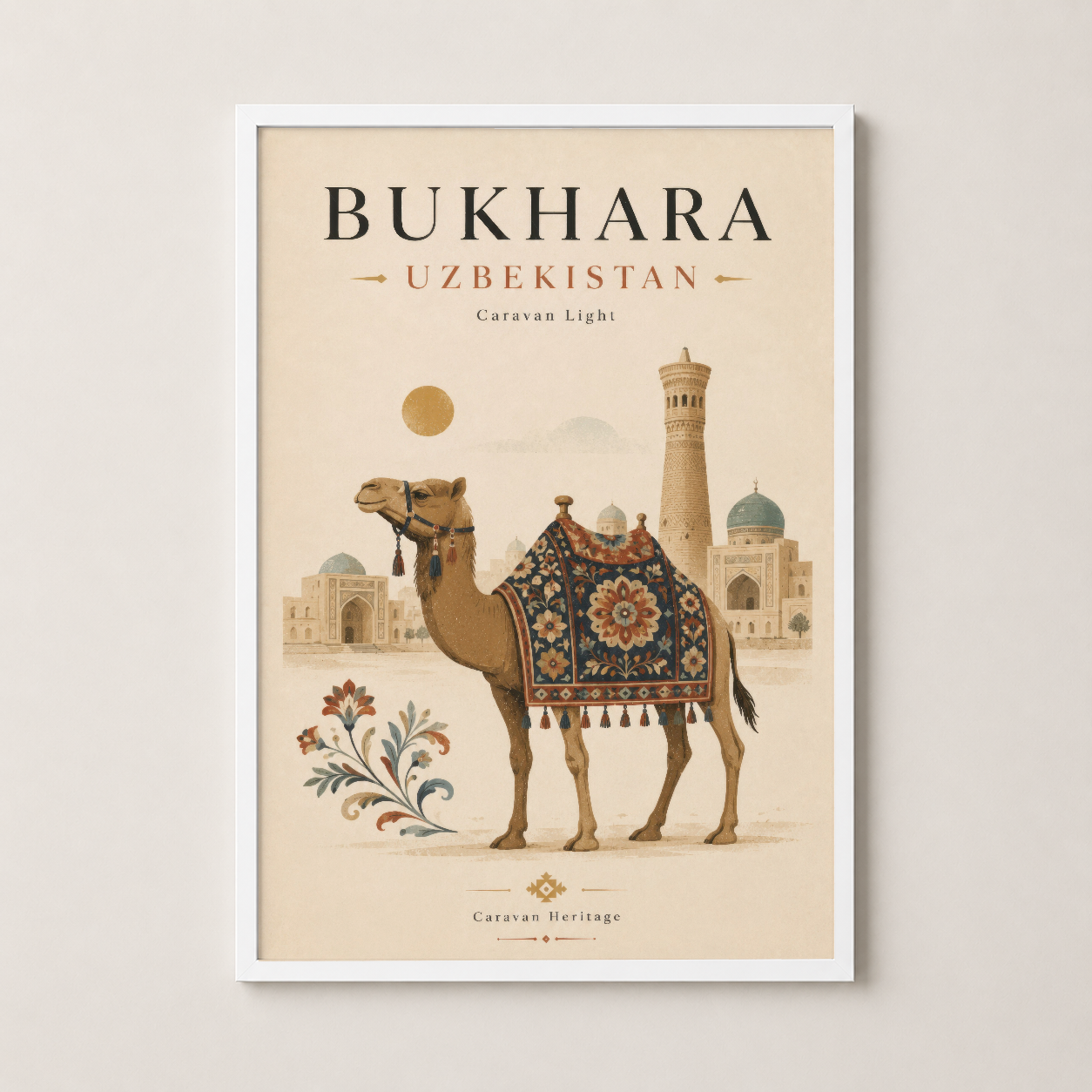 Bukhara Özbekistan tablosu beyaz çerçevede, clean ve modern iç mekan dekorasyonu için ideal.