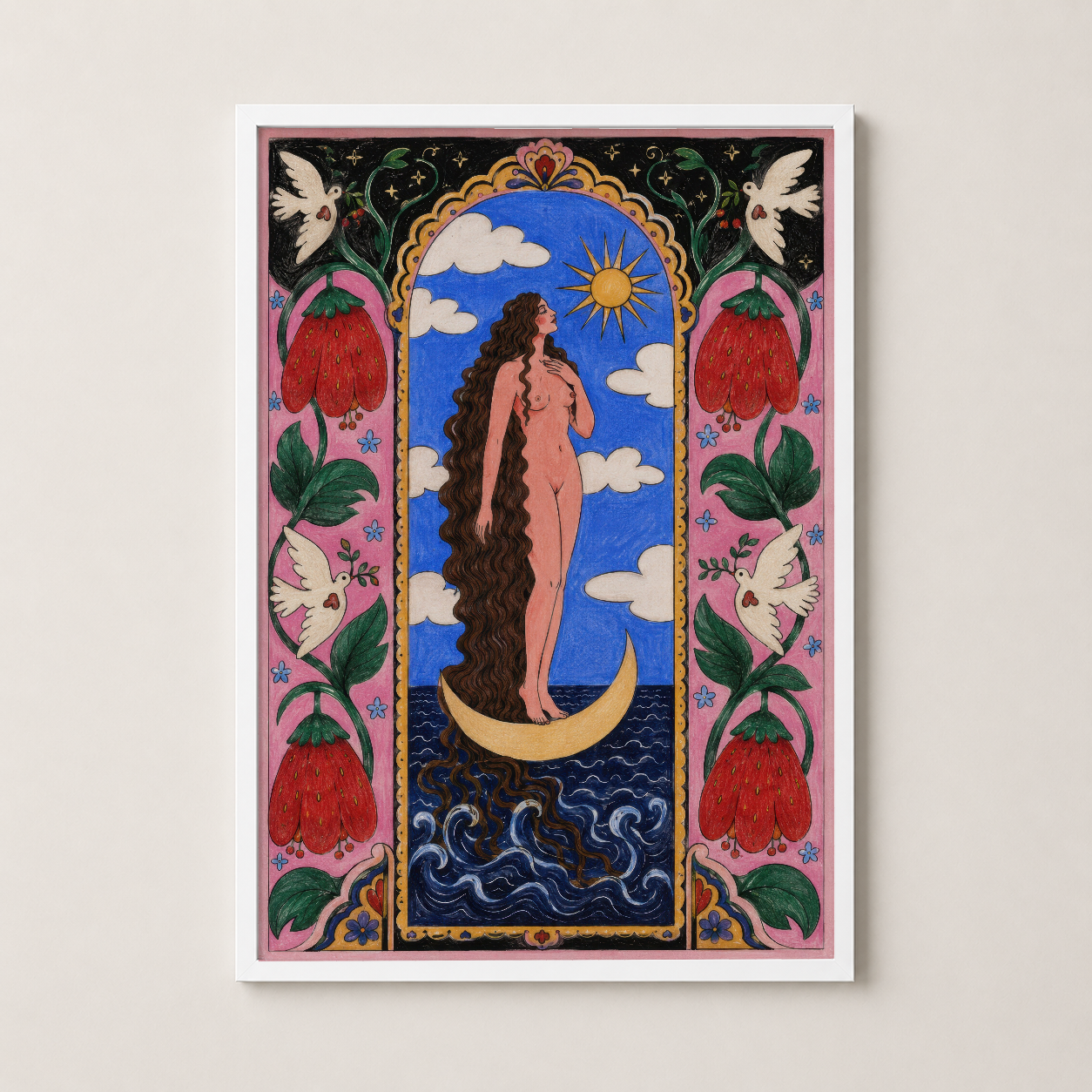 Bohemyen tarzı kadın portresini içeren dekoratif poster, beyaz çerçeveli versiyon.