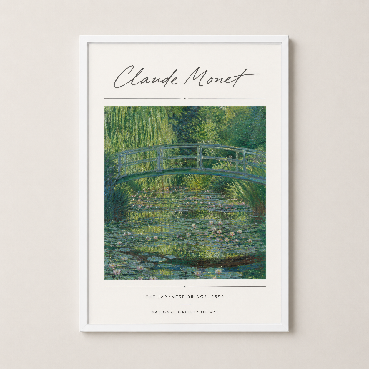 Monet'nin efsanevi köprü eseri beyaz çerçeveyle sunulan şık sanat poster baskısı.