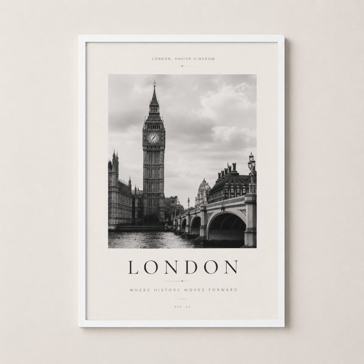 Big Ben ve Themse Nehri'nin beyaz çerçeveli, zarafet ve dengeyi vurgulayan tasarım posteri.