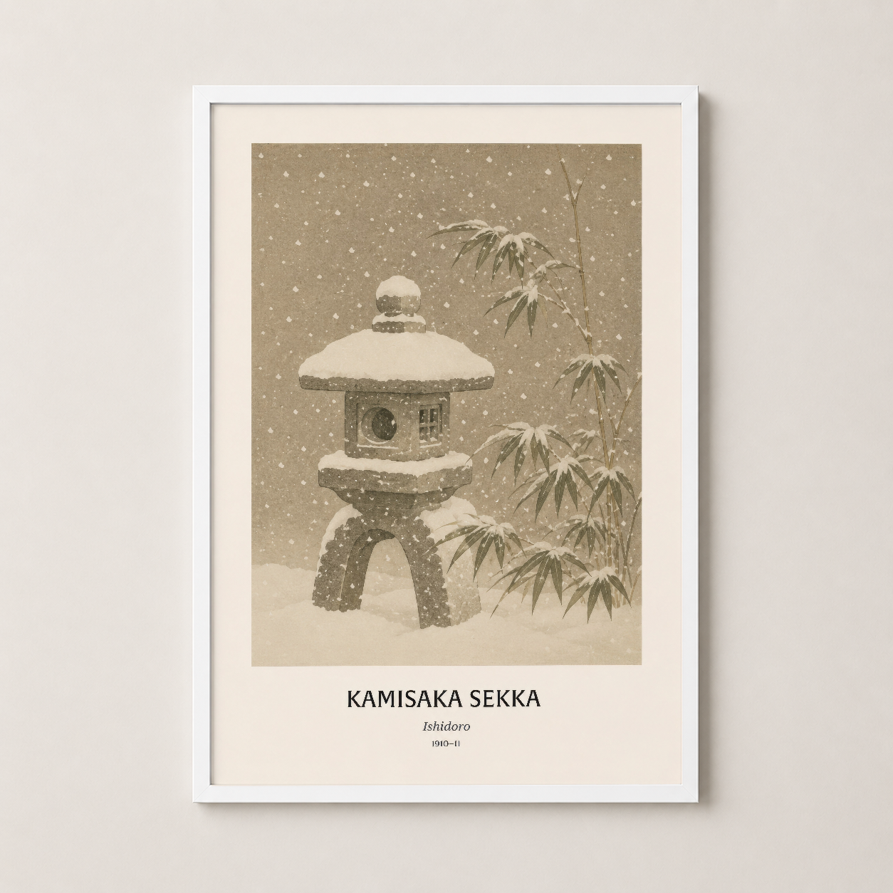 Kamisaka Sekka karla kaplı lantern tablosu beyaz çerçevede, minimalist ev dekoru.