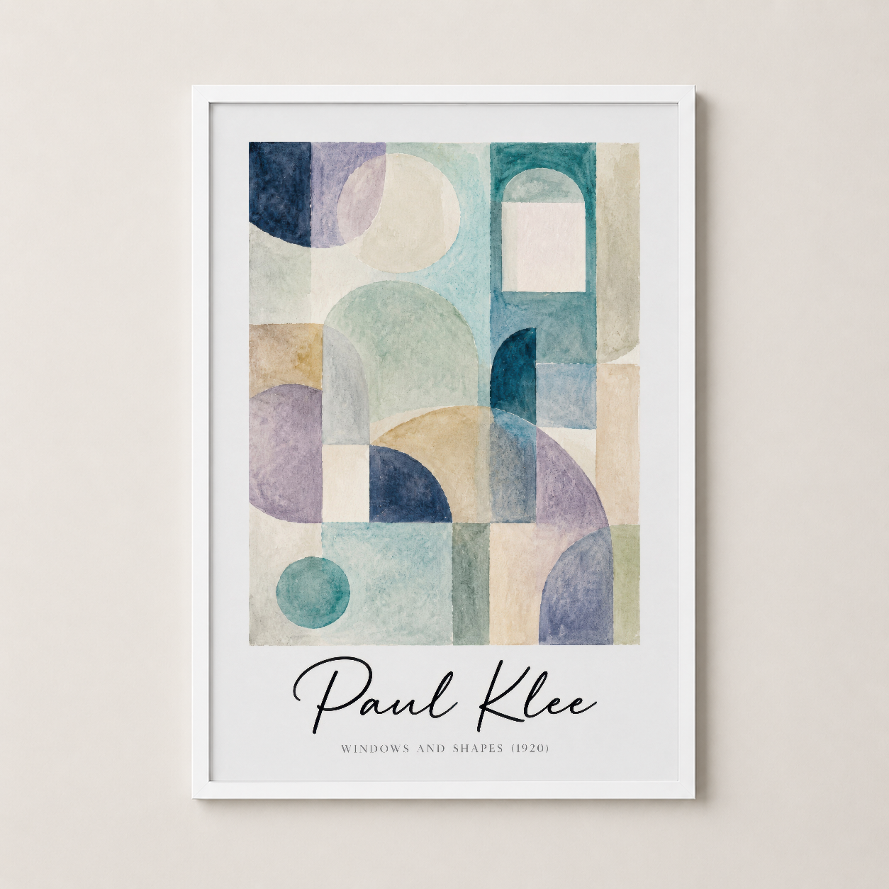 Beyaz çerçeveli sanat tablosu, Paul Klee'nin klasik geometrik eserinin şık bir sunumunu sağlayan dekoratif poster.