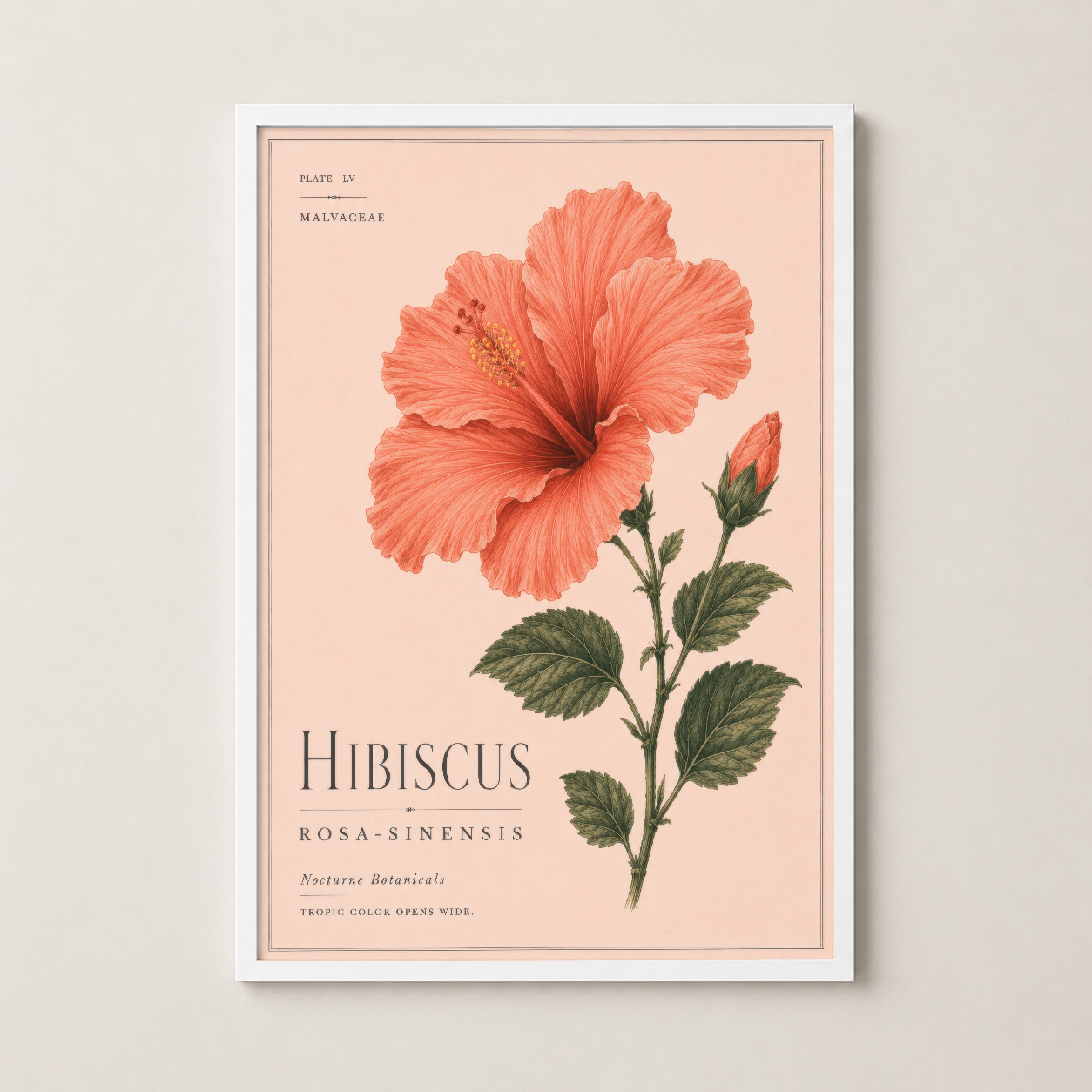 Beyaz çerçeveli hibiskus sanat tablosu, pastel tonlarda zarif çiçek tasarımıyla herhangi bir odayı canlandıran dekorasyon.