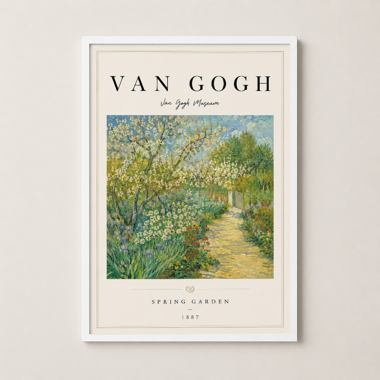 Van Gogh Bahar Bahçesi tablosu, temiz beyaz çerçevede, minimalist ve kontempler bir duvar dekorasyonu olarak sunulan sanat