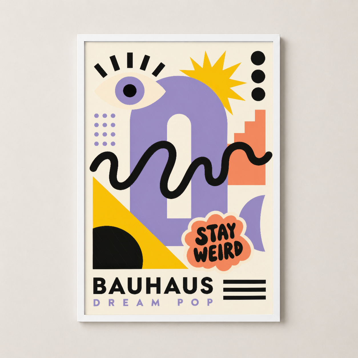 Bauhaus Dream Pop tasarımı beyaz çerçevede, renkli soyut öğeler ve ekspresif grafik sanat eseri