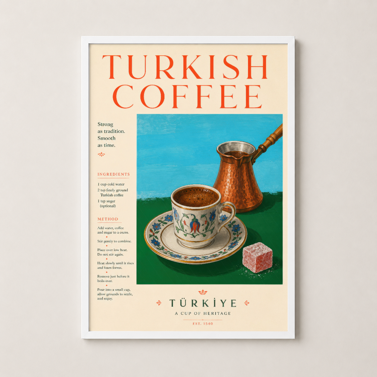 Beyaz çerçeveli Türk kahvesi tablosu, minimalist ev tasarımında zarif bir sanat parçası.