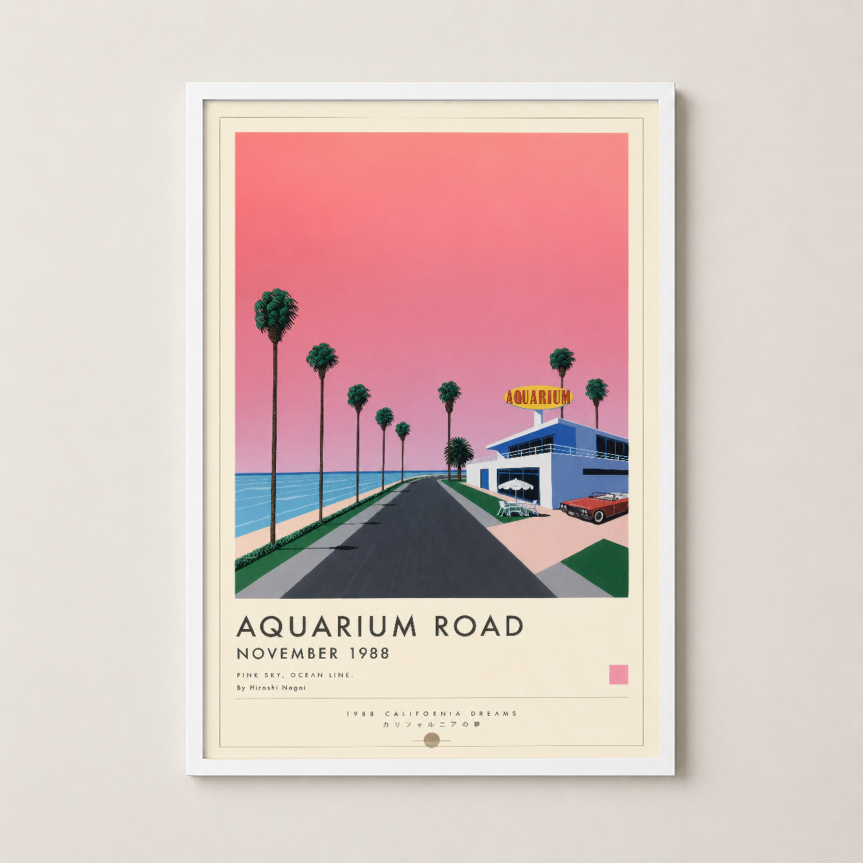 Beyaz çerçeveli Aquarium Road sanat eseri, pembe ve mavi tonlarıyla minimalist iç mekan tasarımına uygun.