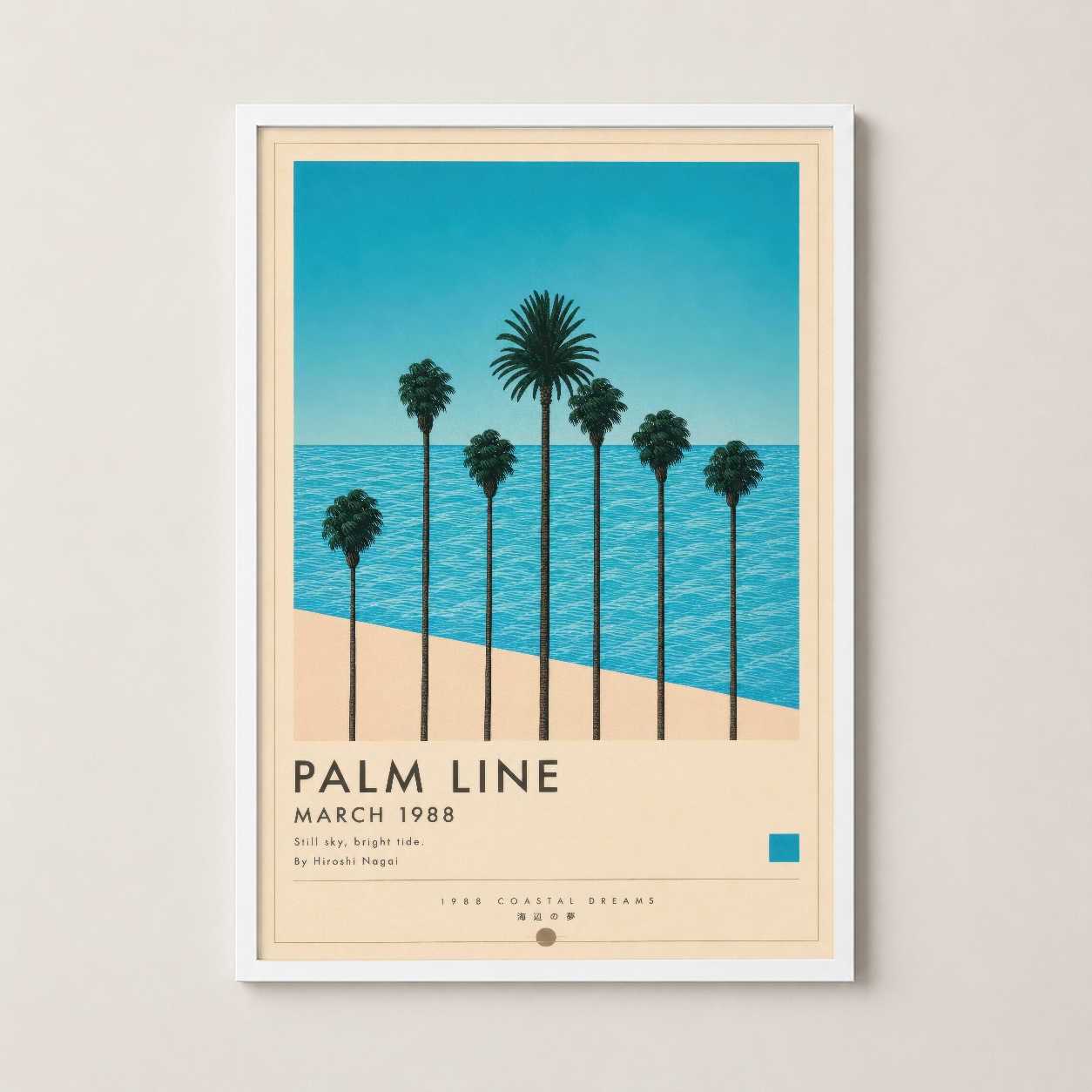 Beyaz çerçeveli, deniz manzaralı palm line tasarımı ile modern dekoratif duvar tablosu.