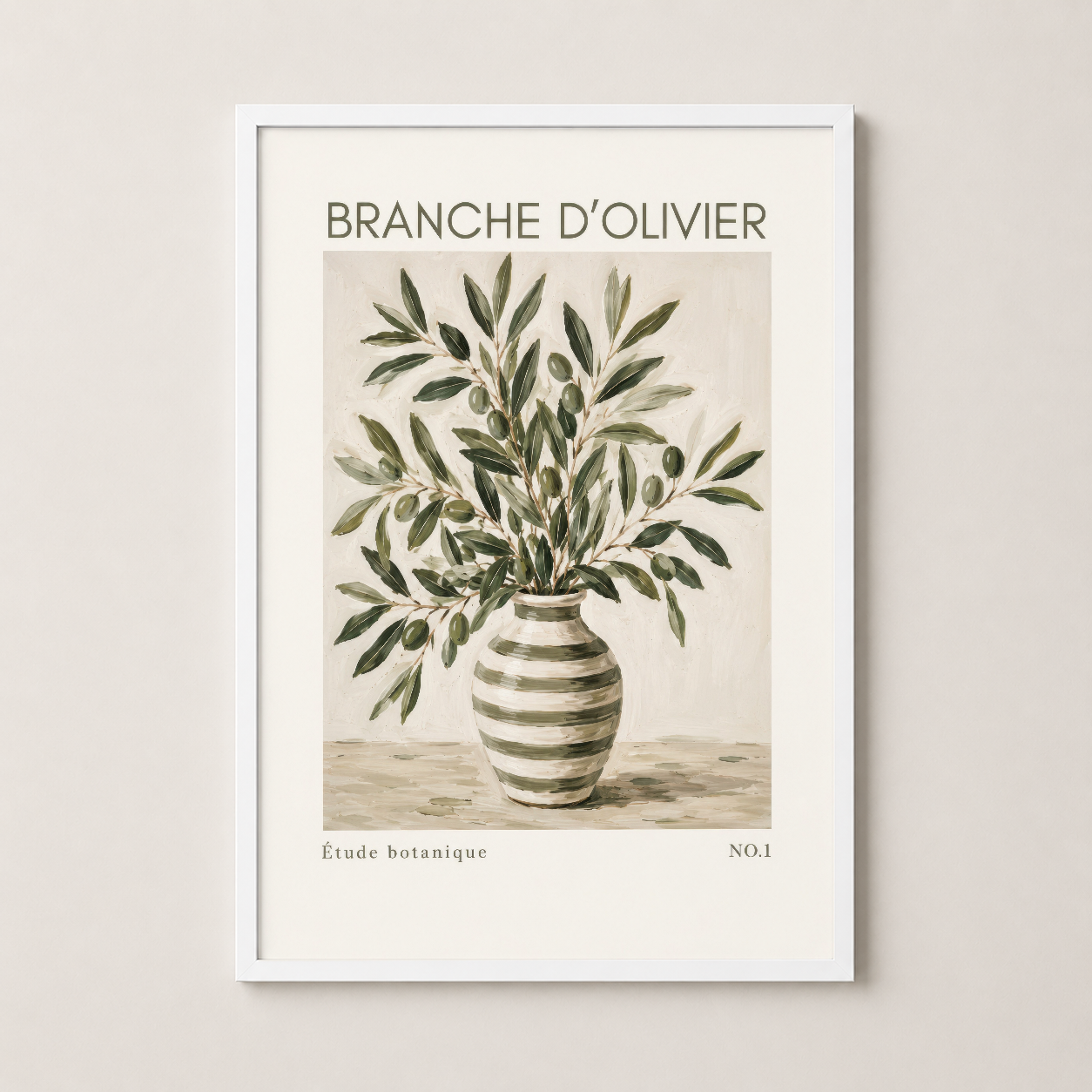 Beyaz çerçeveli zarif zeytin branşı posteri, minimalist dekorasyon için uygun.