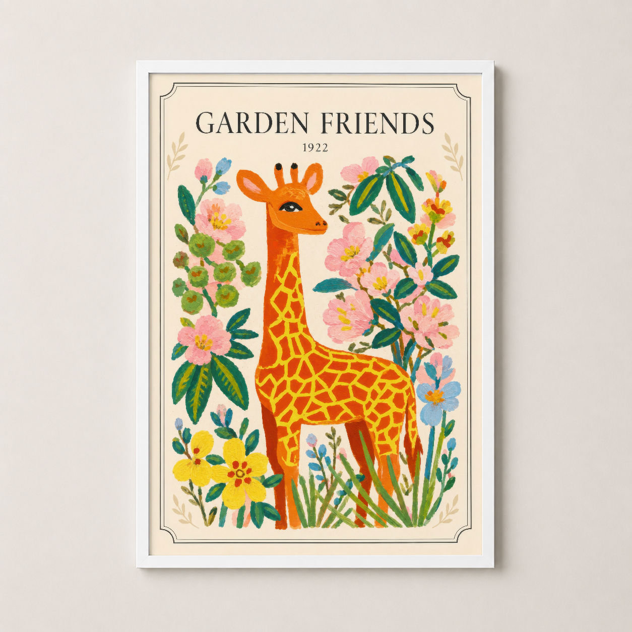 Garden Friends duvar tablosu beyaz çerçevede, 1922 tarihli zarif poster tasarımı, çocuk odası ve salon için ideal.