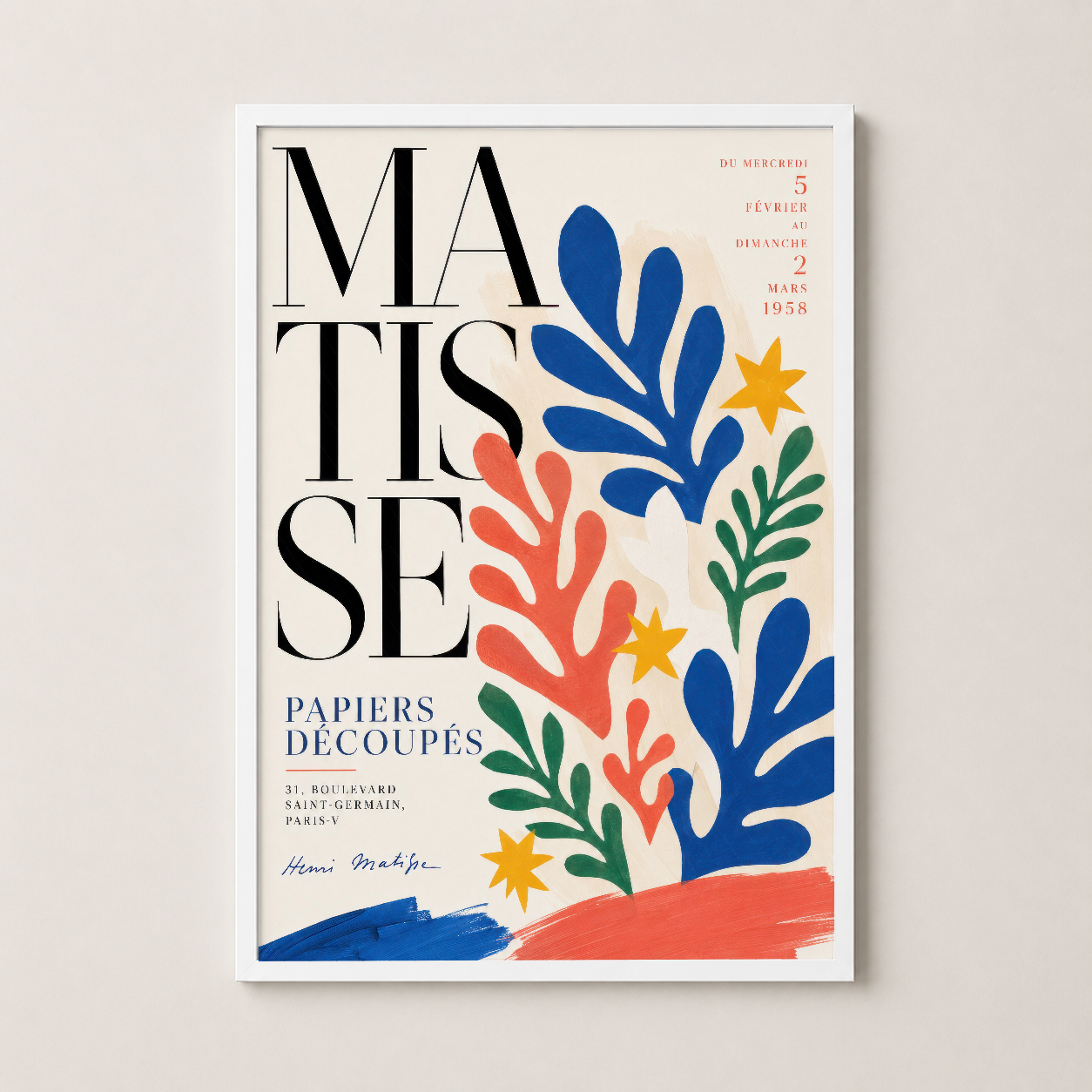Matisse kolaj tasarımı beyaz çerçevelenmiş, bohemyen stilinde sanat baskısı, oturma odası duvar dekorasyonu.