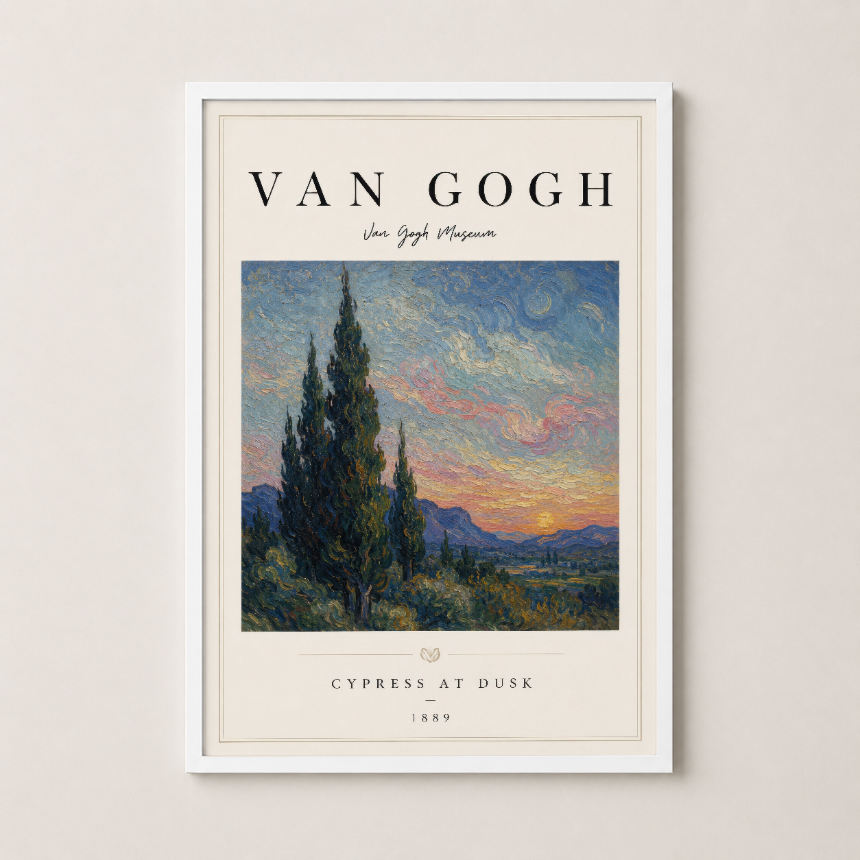 Van Gogh klasik tablosu beyaz çerçeveli baskı, zarif ve çağdaş bir dekorasyon seçeneğidir.