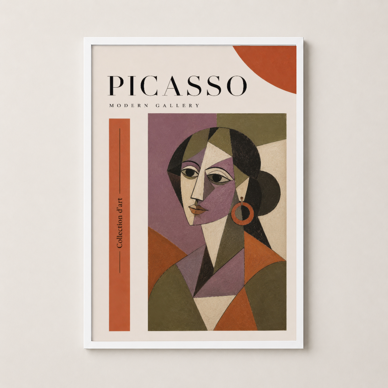 Beyaz çerçeveli, soyut yüz tasarımlı Picasso Modern Gallery duvar tablosu, minimalist dekorasyona uygun.