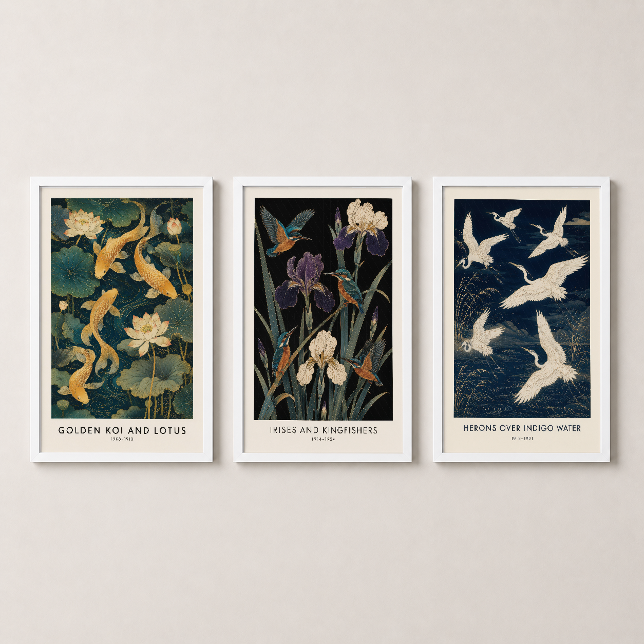 Beyaz çerçeveli üç poster tablo, doğa temalı sanat koleksiyonu, oturma odası dekoru.