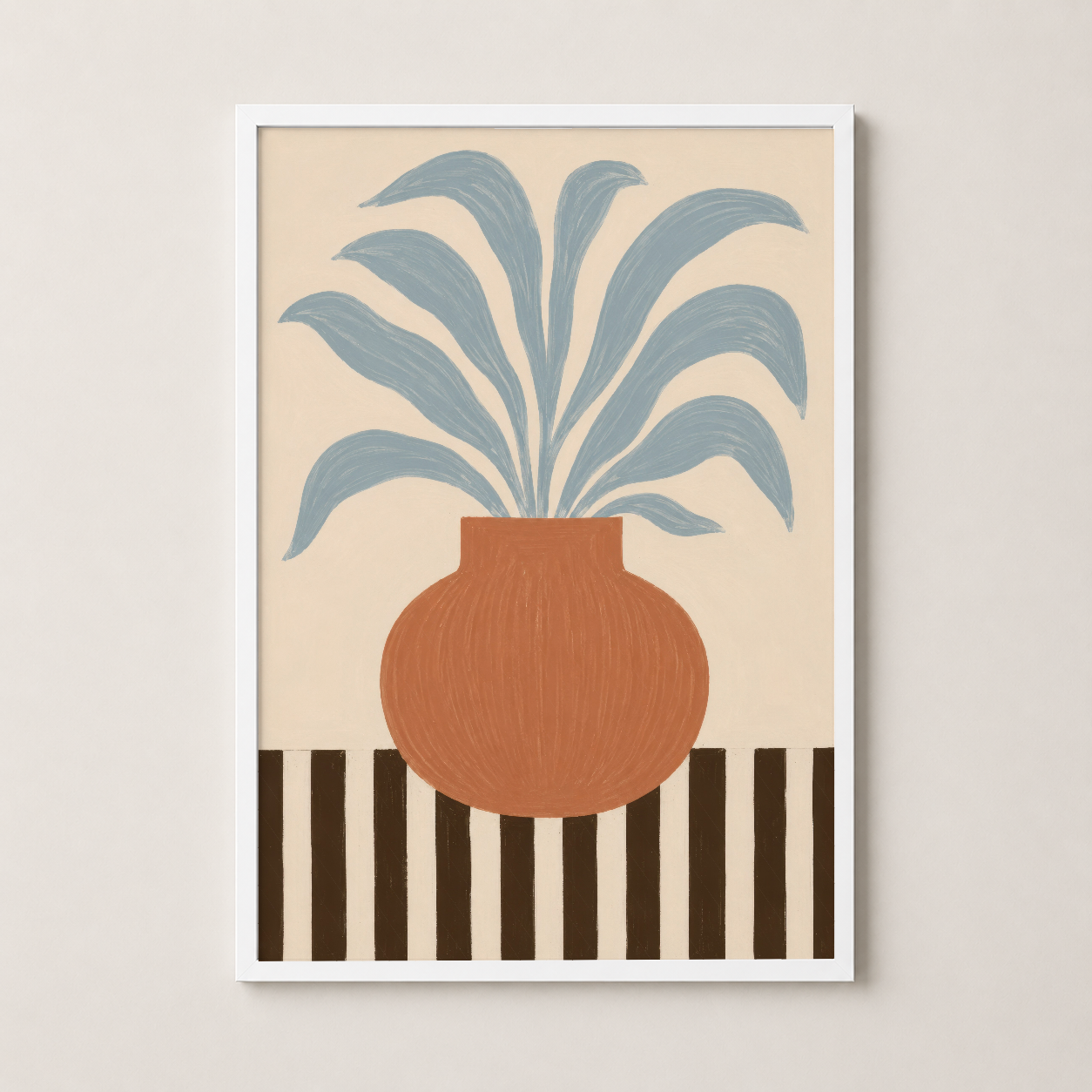 Beyaz çerçeveli sanat tablosu, geometrik stil vazo ve yapraklarıyla minimalist tasarım sunuyor.