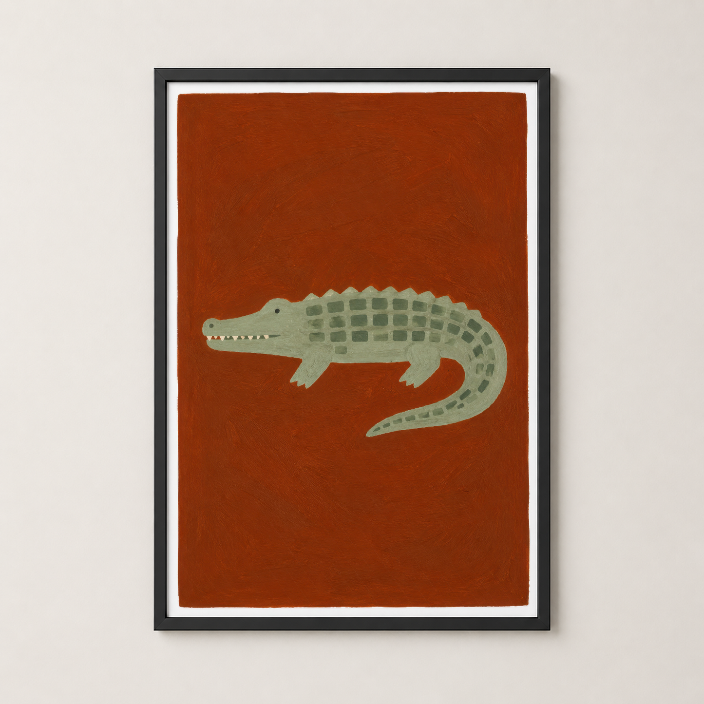 Siyah çerçevede, toprak tonlu arka fonla stilize timsah görseli poster.