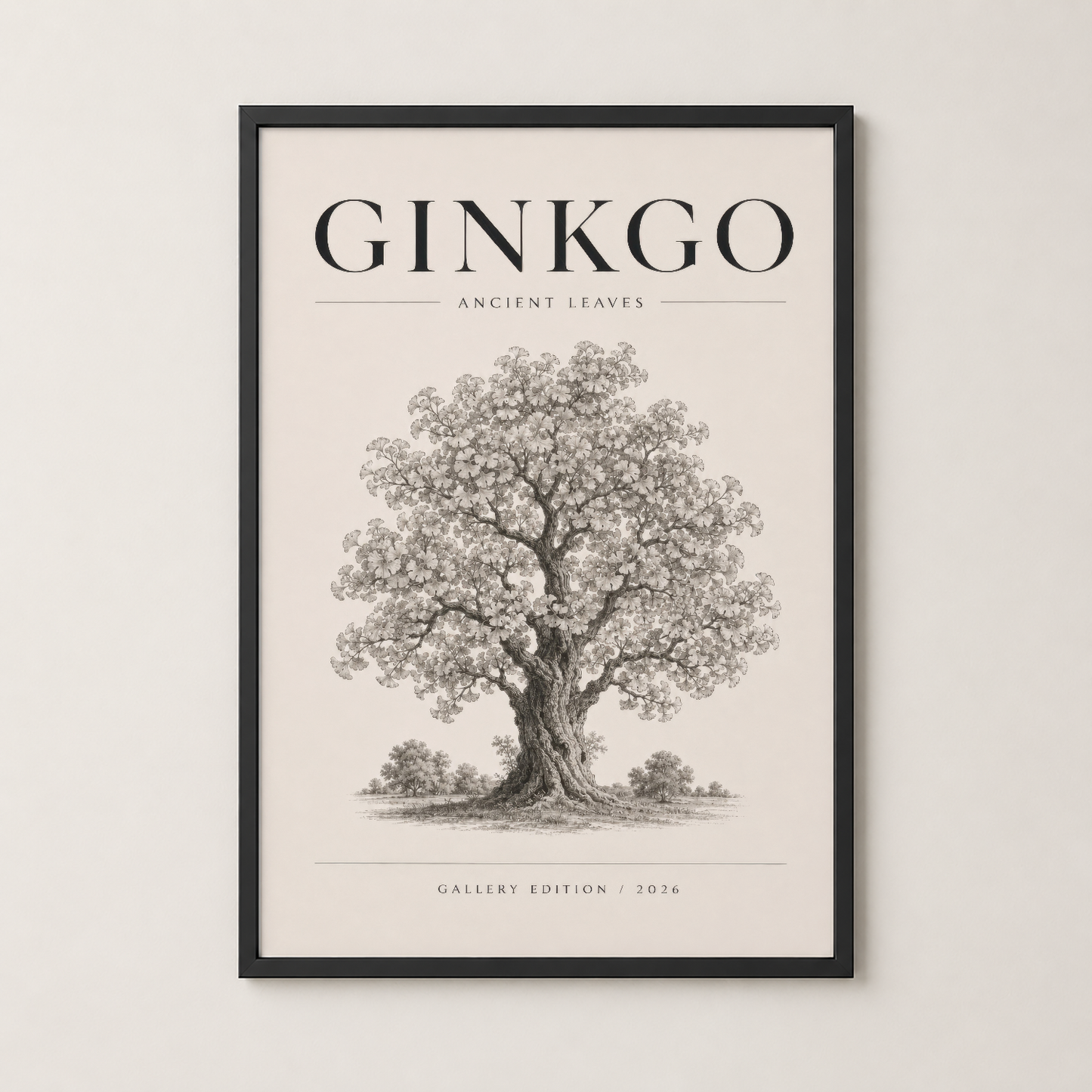 Ginkgo Ancient Leaves posteri siyah çerçeveli, minimalist botanik ağaç tasarımı ile modern dekor.