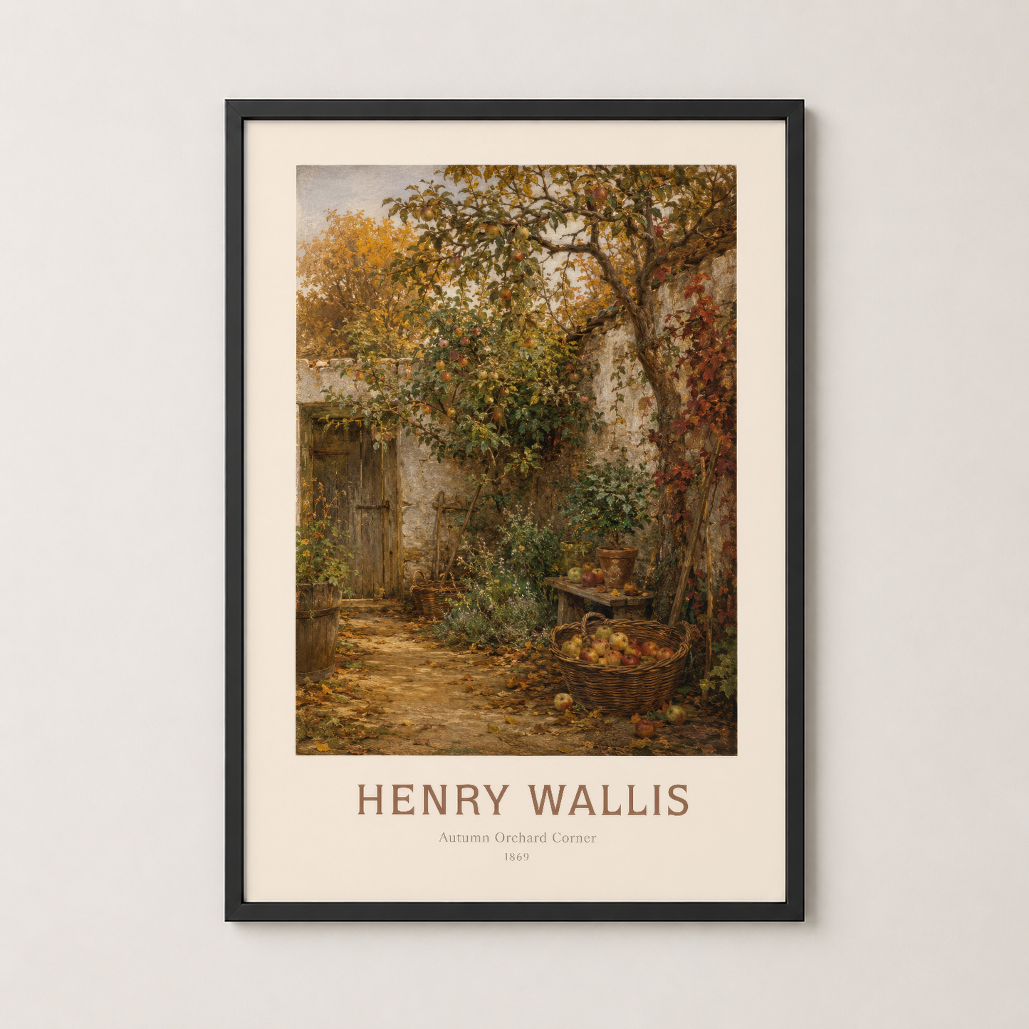 Henry Wallis Sonbahar Bahçesi Köşesi tablosu, şık siyah çerçeve içinde, beyaz matla çerçevelenmiş sanat eseri
