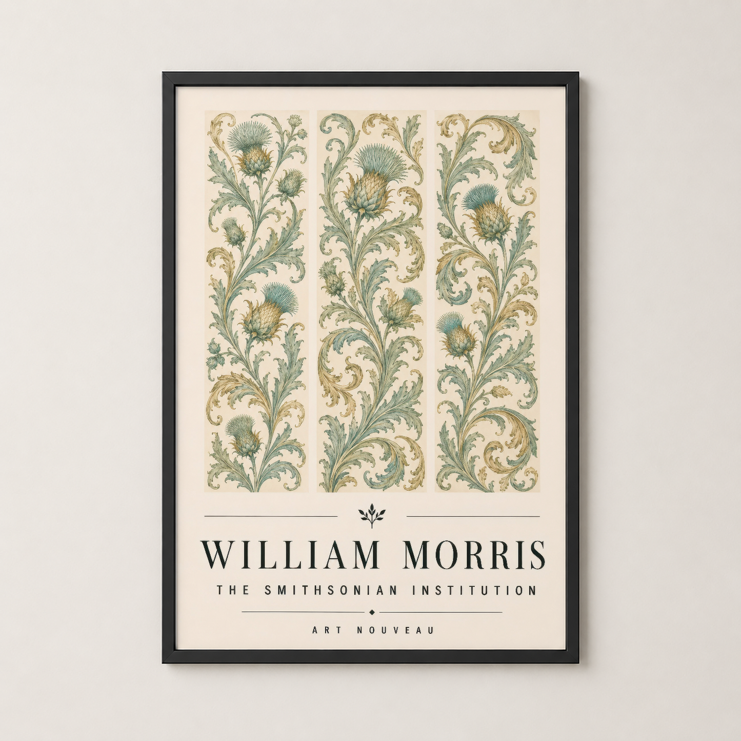 Siyah çerçeveli William Morris tiyü çiçek tablosu, modern ve klasik iç dekorasyon için ideal sanat eseri.