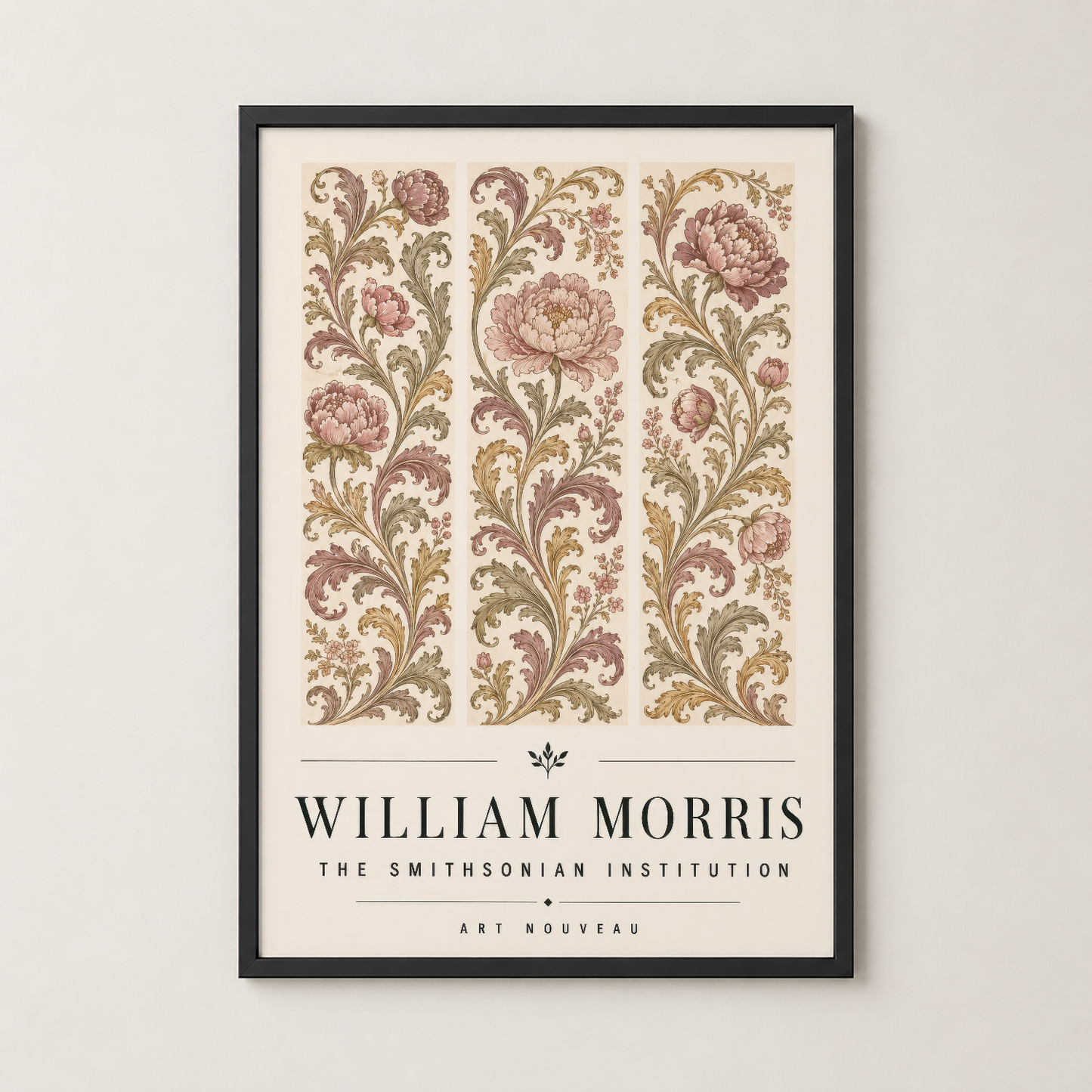 Siyah çerçeveli William Morris tablosu, klasik botanik motifleri ve zarif sanat deco tarzıyla modern mekanlara uyum sağlar.