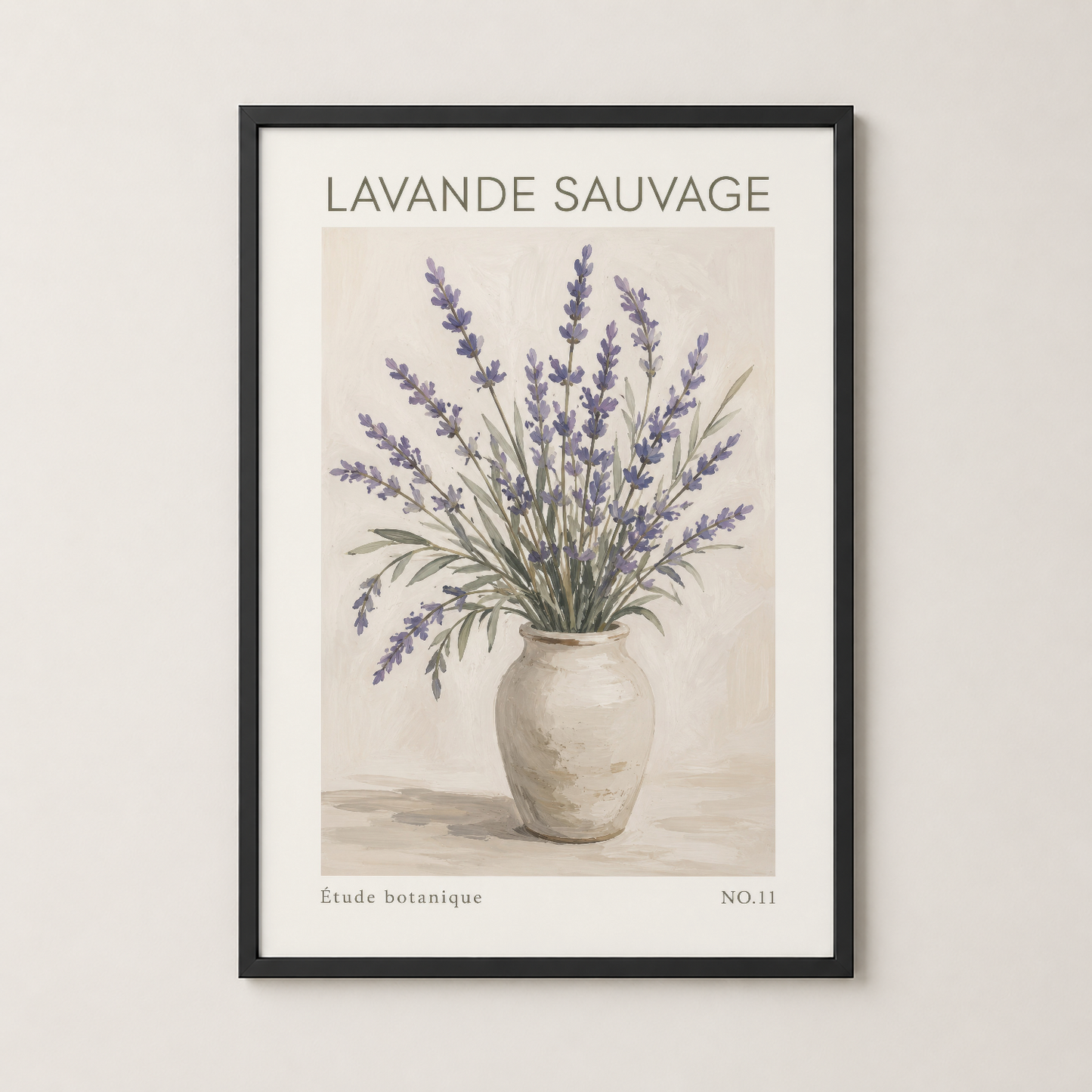 Siyah çerçevede sunulan, vintage botanik illüstrasyon stilinde lavanda bukesi posteri.