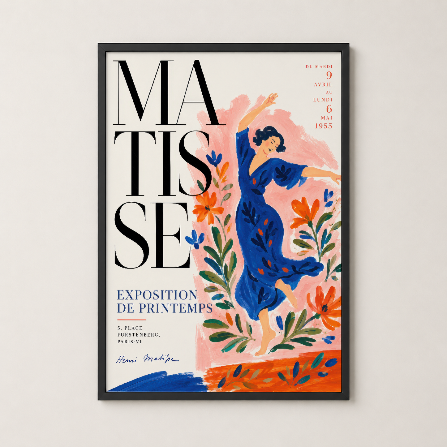 Matisse bahar sergisi posteri siyah çerçevede, sanat deco stiliyle tasarlanmış şık duvar dekorasyonu.
