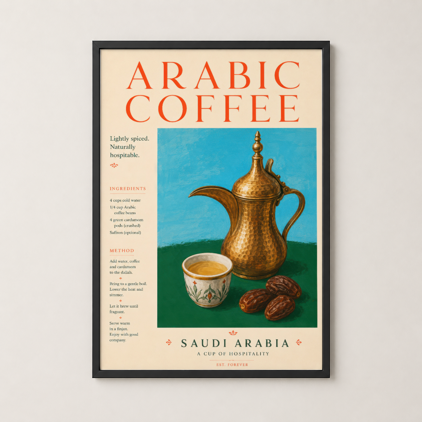 Arap kahvesi posteri siyah çerçevede, mutfak dekorasyonu için retro stil sanat tablosu.