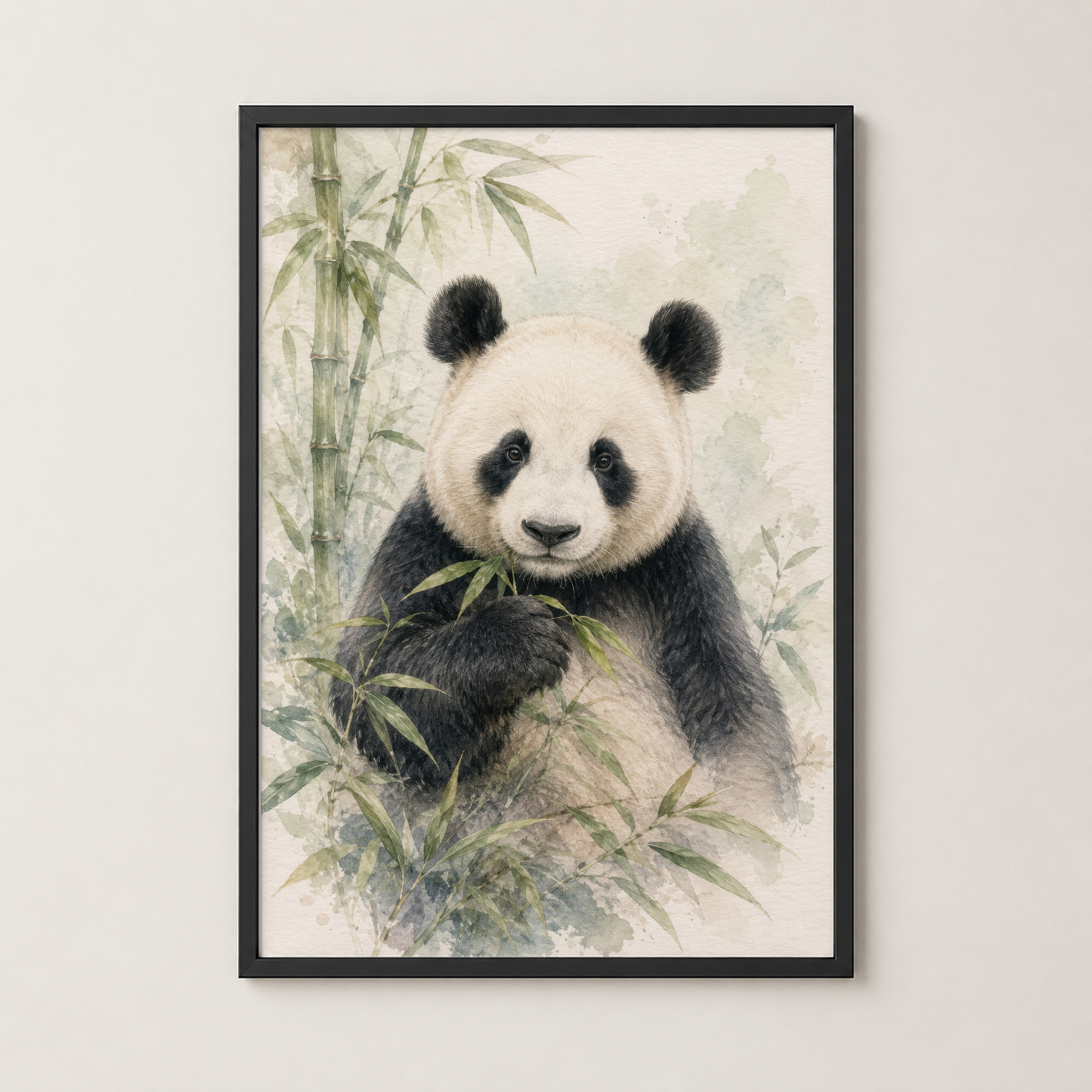 Siyah çerçeve içinde, doğal sanat stiliyle drawn panda ve yeşil bambu motifi