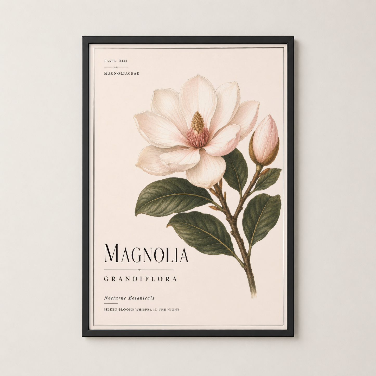 Siyah çerçeveli magnolia tablosu, modern iç tasarımda sanatsal bir dokkunun detaylı botanik çalışması.