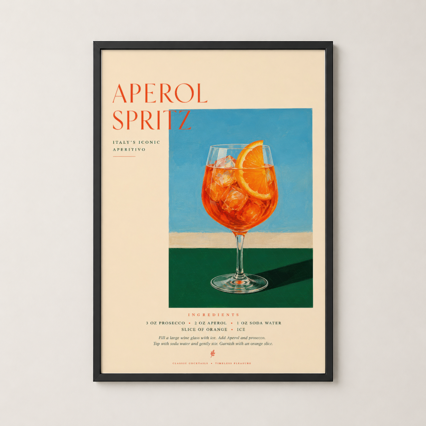 Aperol Spritz tablosu siyah çerçevede, mutfak duvarında şık ve çağdaş bir dekorasyon parçası.