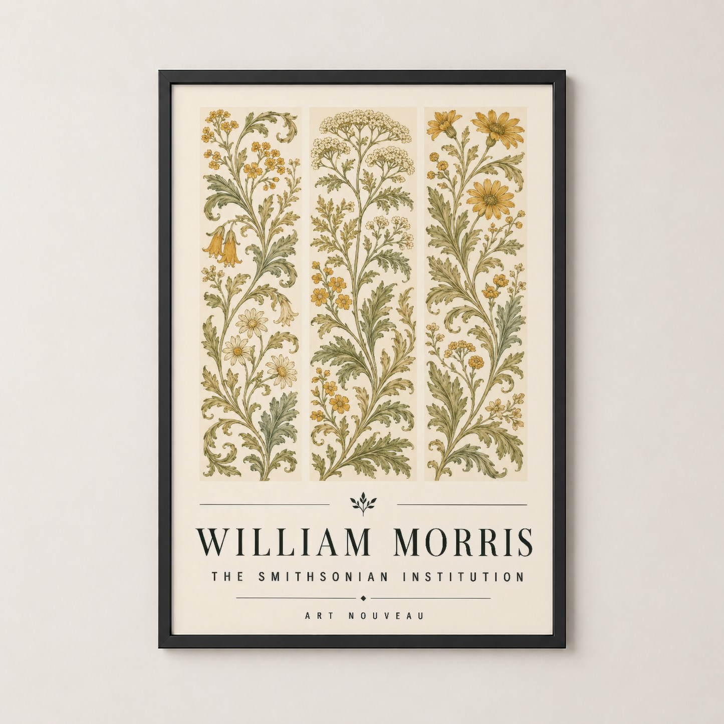 William Morris botanik posterinin siyah çerçevede duvar sergilenmesi, şık ve modern bir ev dekorasyonu.
