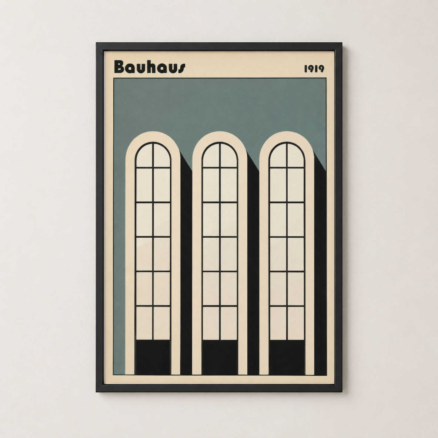 Siyah çerçeveli Bauhaus pencere tablosu, modern iç mekanla uyumlu geometrik ve şık tasarım.