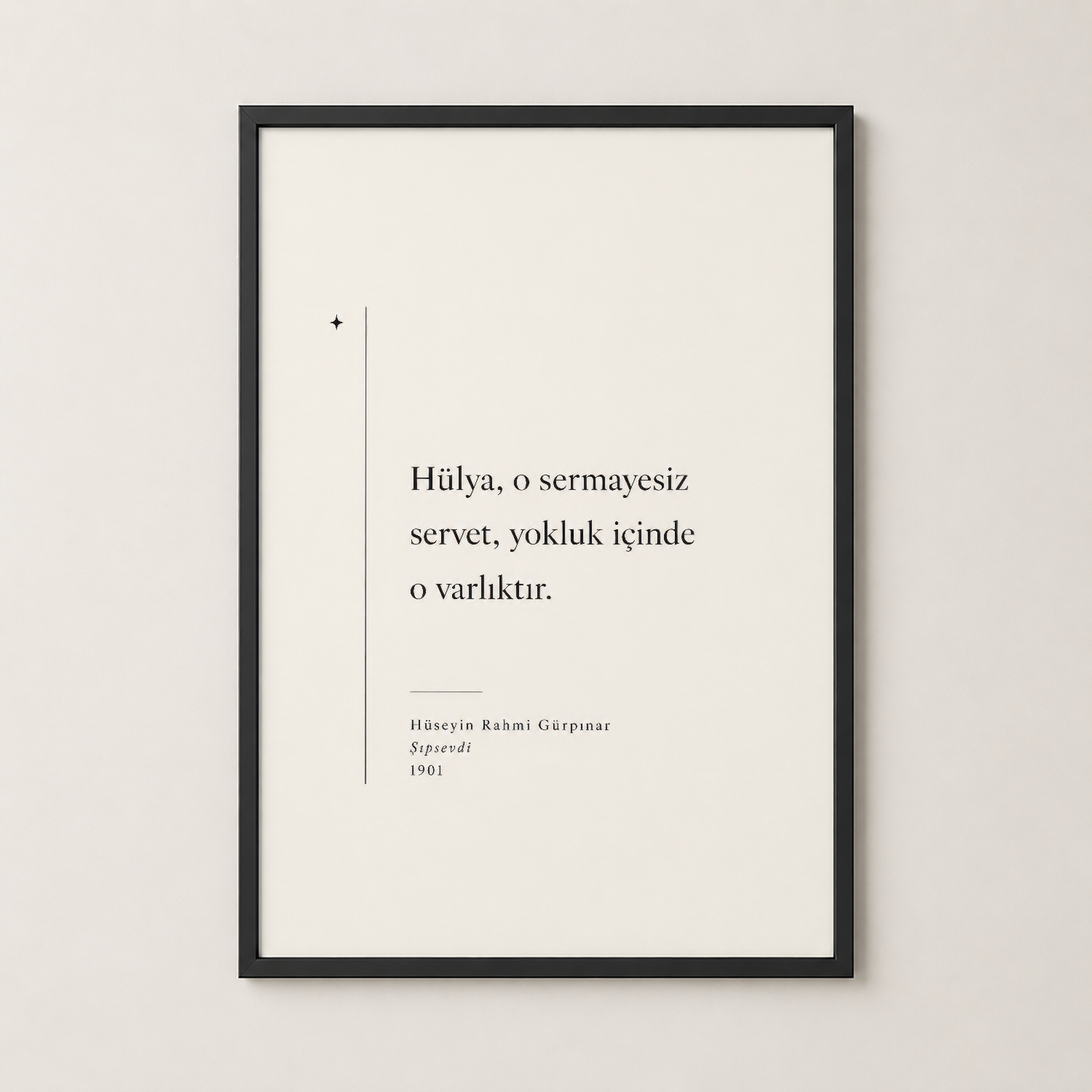 Siyah çerçeveli poster, edebiyat alıntısı ve yazar imzası içeren zarif tasarım, modern iç mekan için.