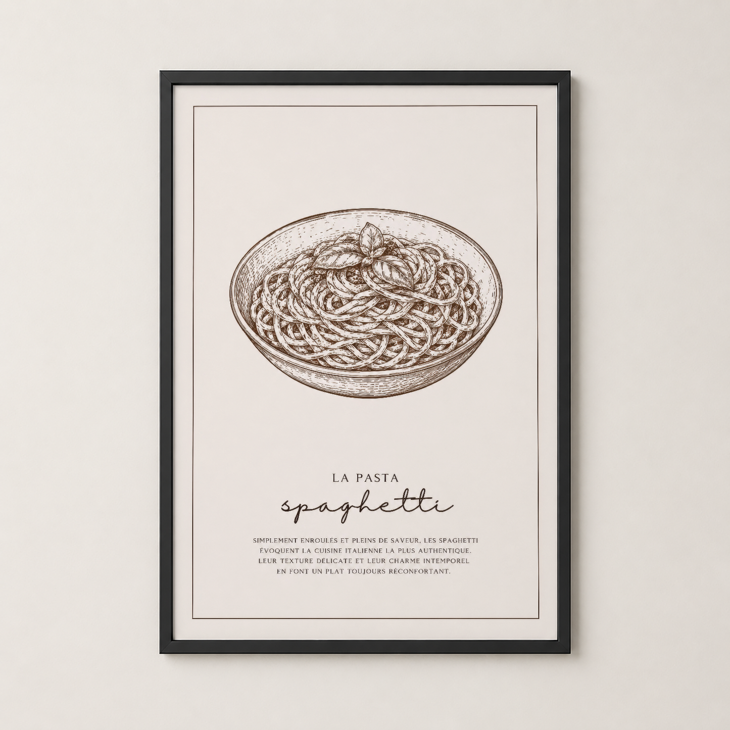 Siyah çerçeveli spaghetti posteri, modern minimalist dekorasyon için ideal duvar sanat tablosu.