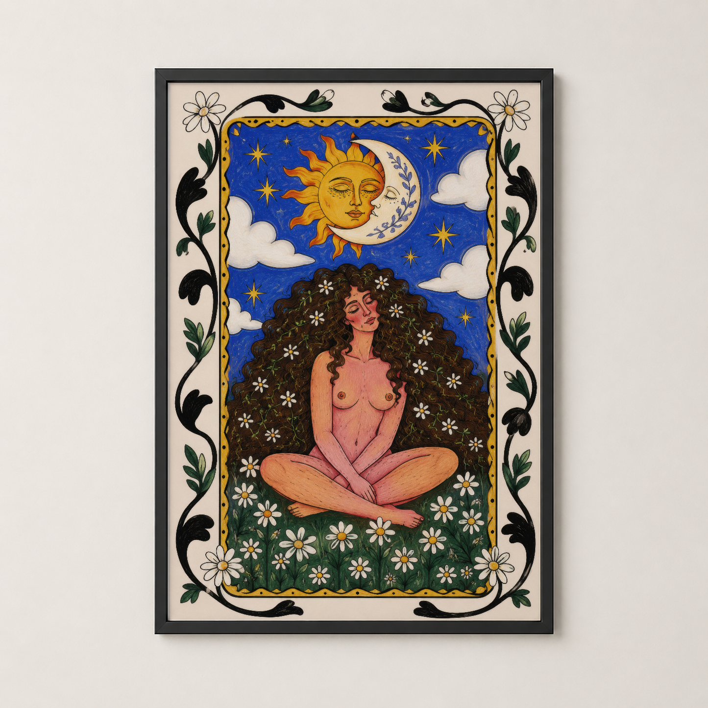 Mistik güneş-ay tasarımlı duvar sanatı, siyah çerçevede, boho tarzı dekoratif poster.