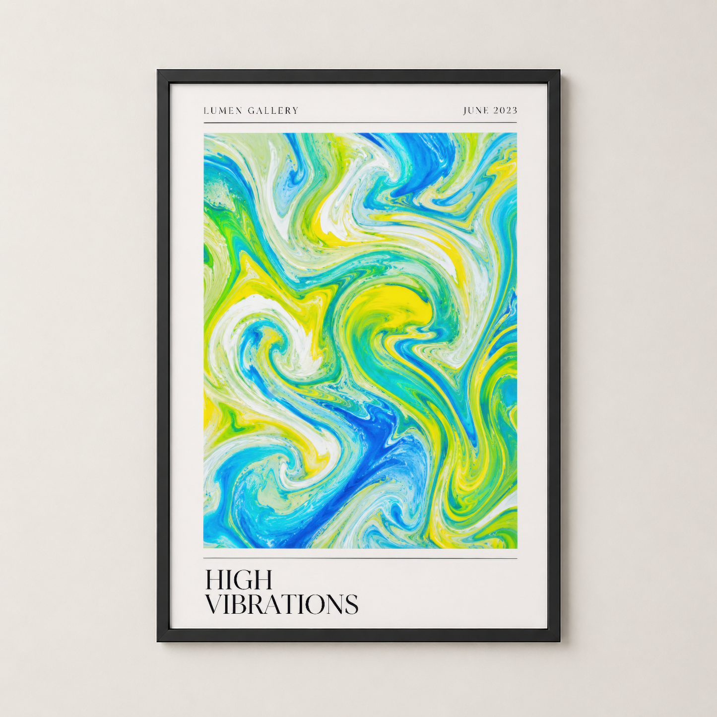 Siyah çerçeveli soyut poster, dinamik marmor efektiyle modern duvar dekorasyonu.