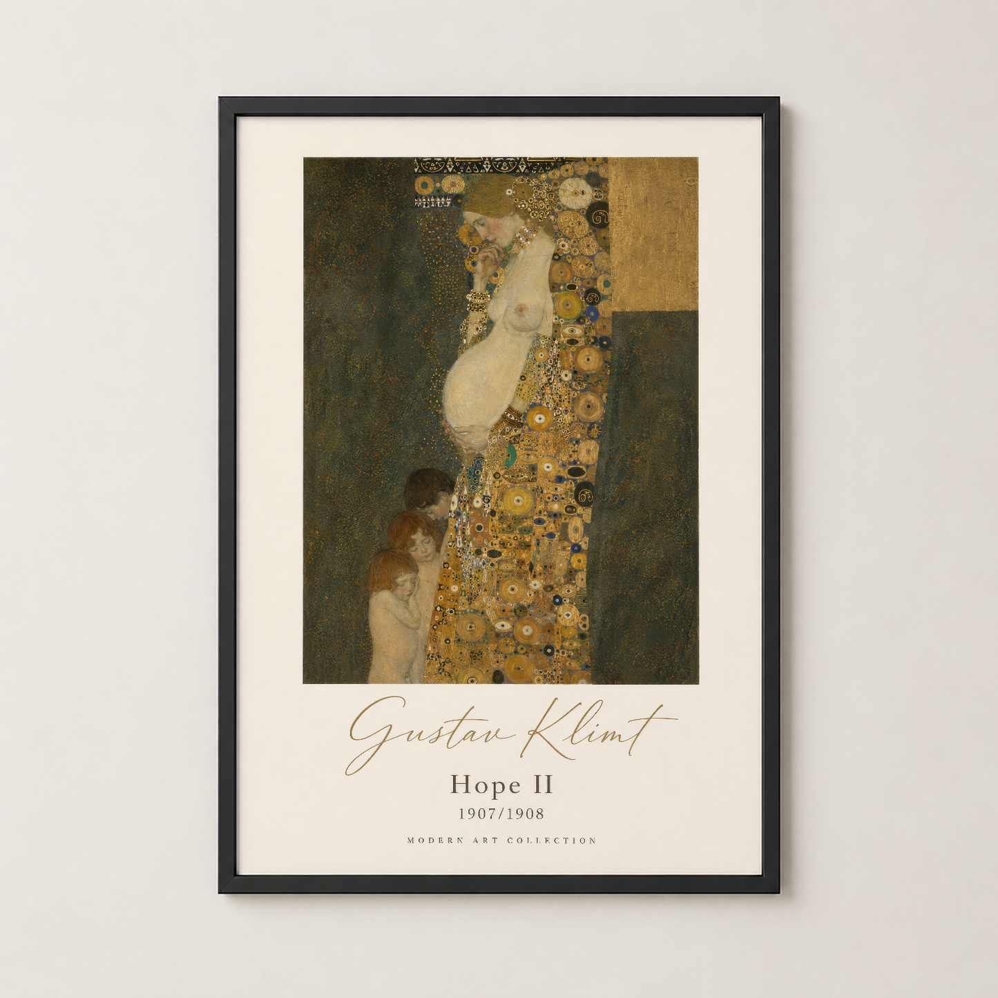 Klimt Hope II posteri siyah çerçevede, altın ışıltılı dekoratiflikleri vurgulayan klasik sanat koleksiyonu.