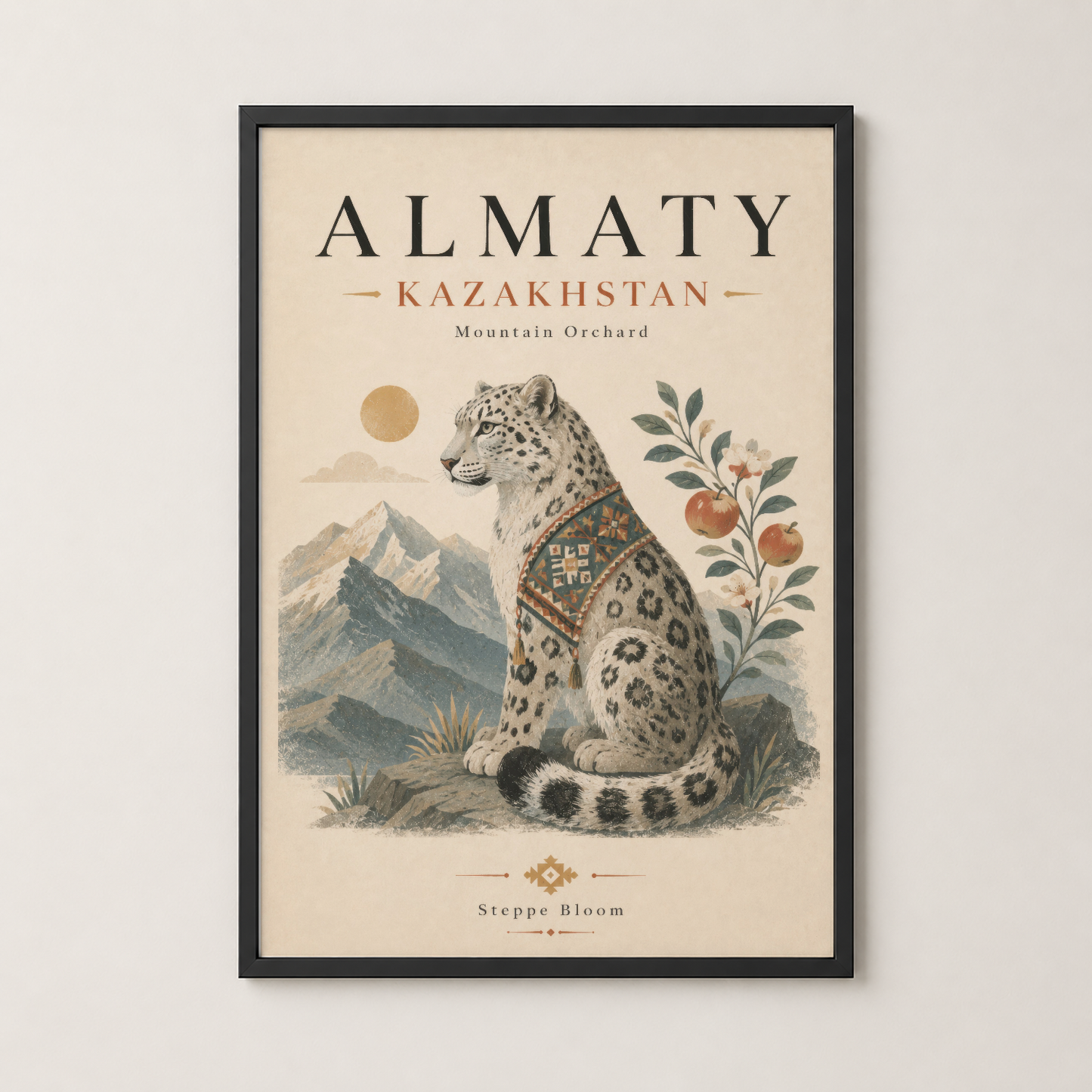 Siyah çerçeveli Almaty posteri, leopar ve dağ motifli tasarım, modern dekorasyona uyum sağlayan sanat tablosu.
