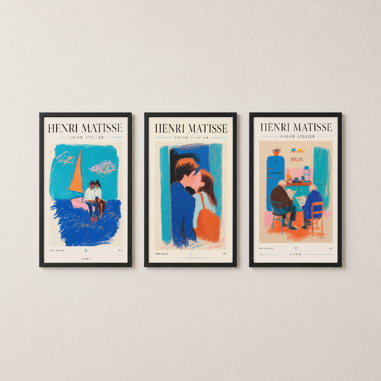 Matisse Color Atelier serisi siyah çerçeveli üç panel, modern oturma alanında sanat galerisi atmosferi yaratır.