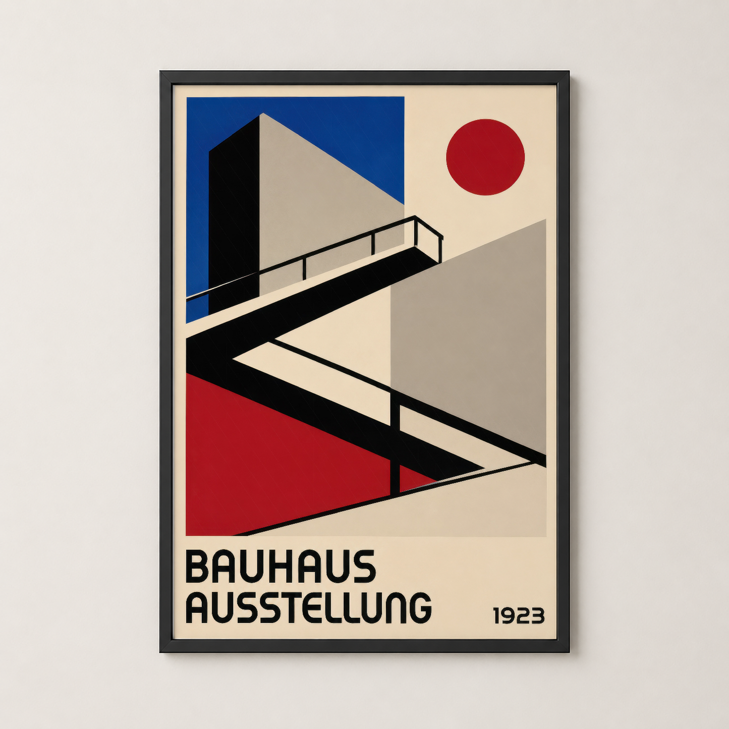 Bauhaus Ausstellung 1923 posteri, siyah çerçeveli çerçevede, mimari geometri ve kırmızı detaylı tasarım.