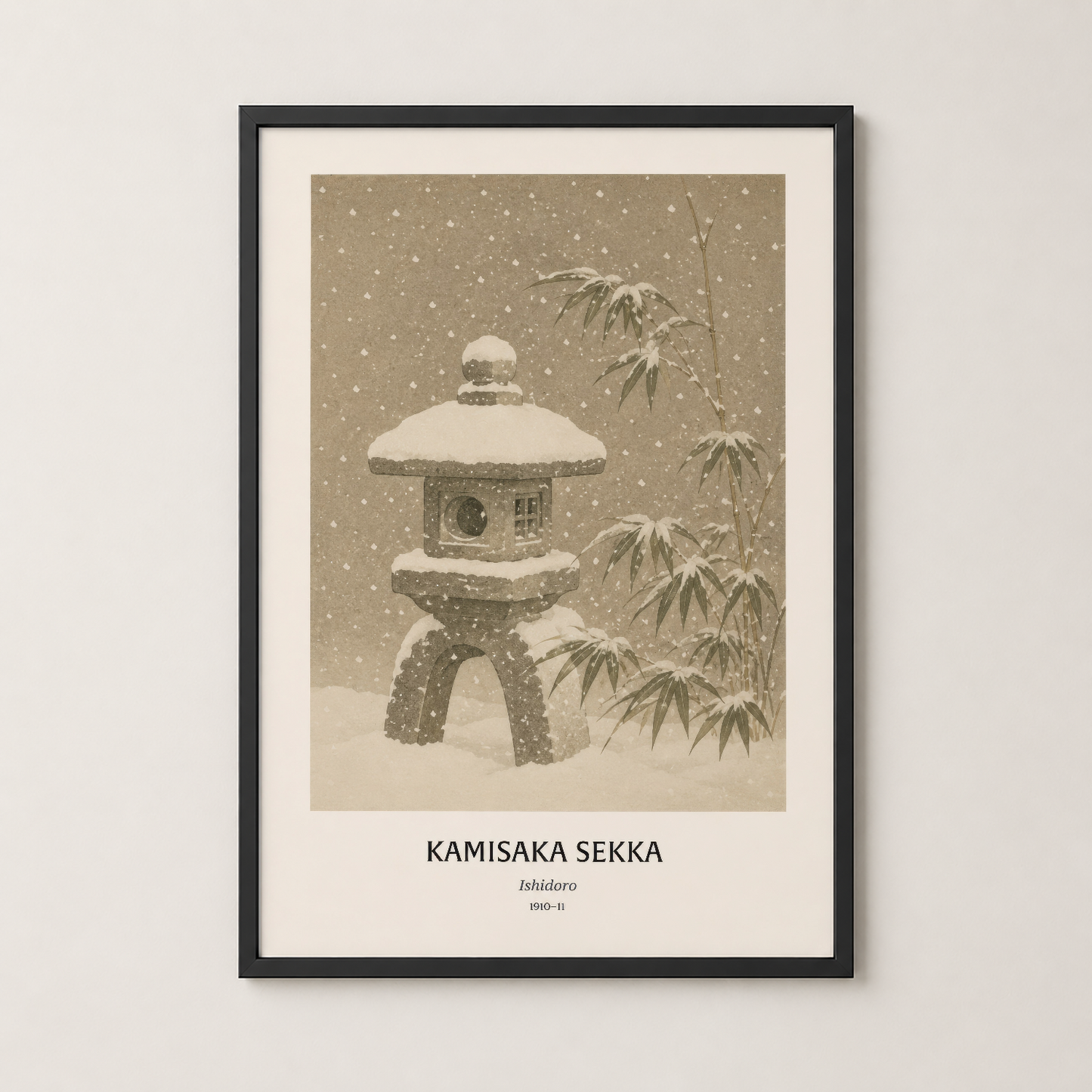 Kamisaka Sekka Ishidoro tablosu siyah çerçevede, beige mat alanla modern duvar dekorasyonu.