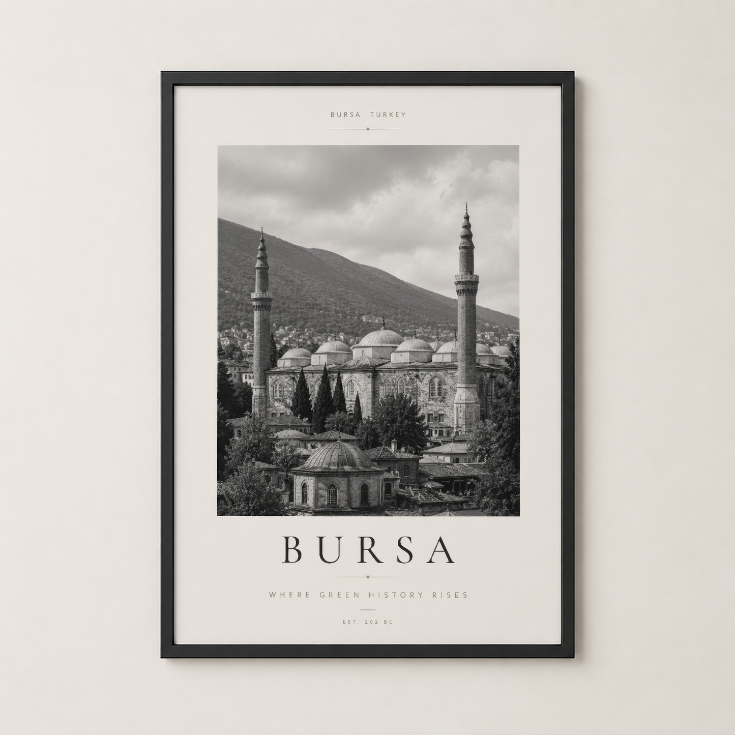 Bursa camisinin ihtişamını aktaran siyah çerçeveli duvar tablosu.