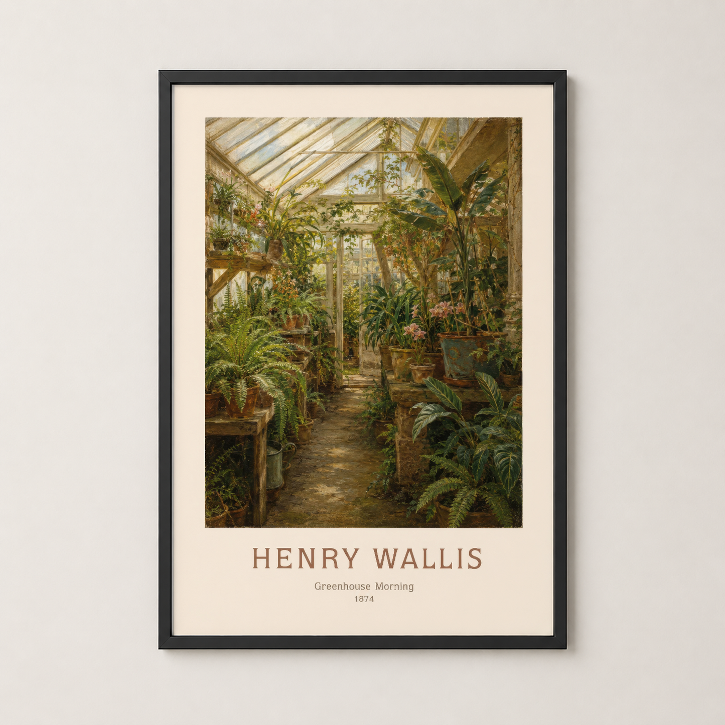 Siyah çerçeveli Henry Wallis Sera Sabahı posteri, klasik seranın ışık dolu ortamını ve bitki zenginliğini yansıtıyor.