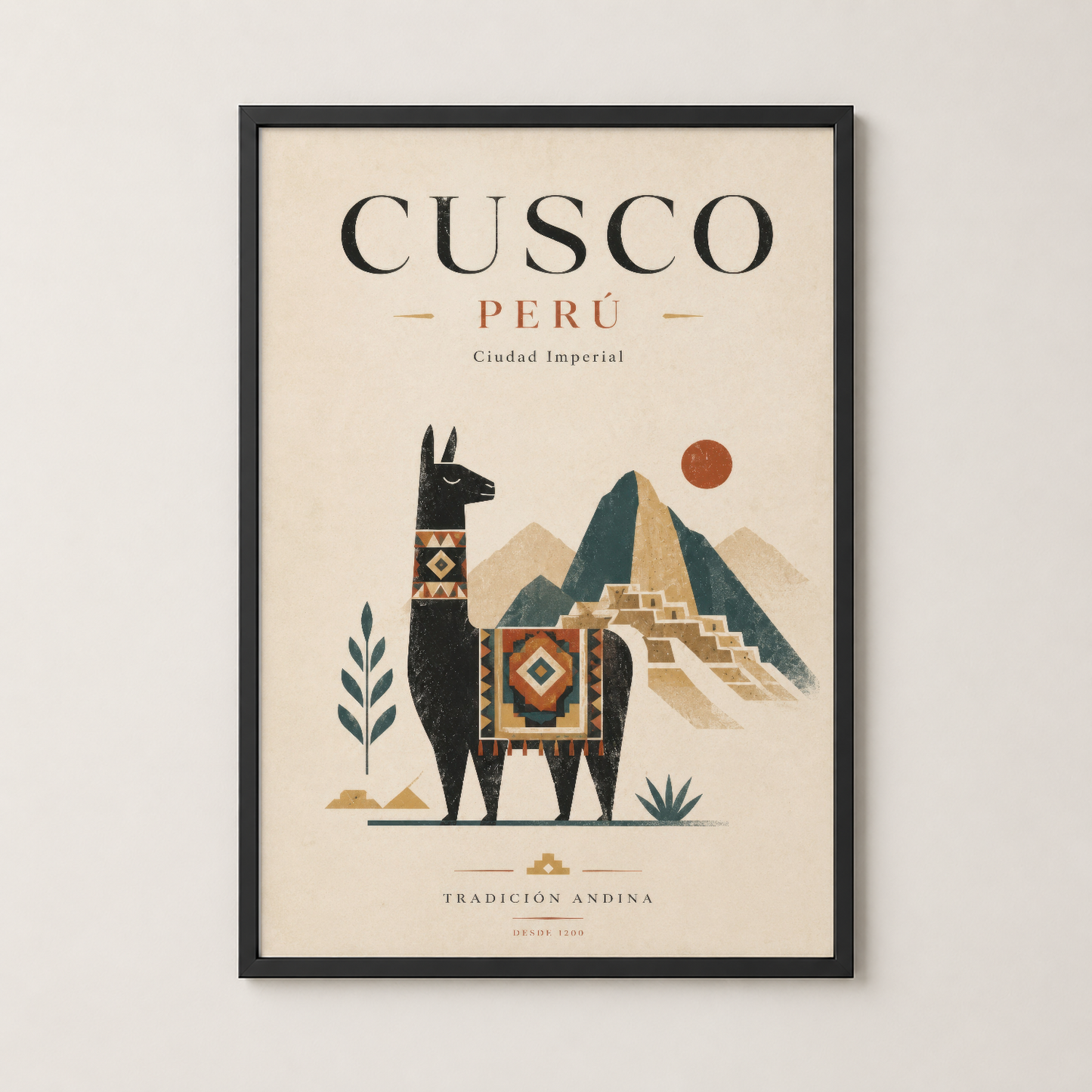 Cusco Perú posteri siyah çerçevede, geleneksel andean sanatı ve dağ manzarasıyla dekoratif tasarım.