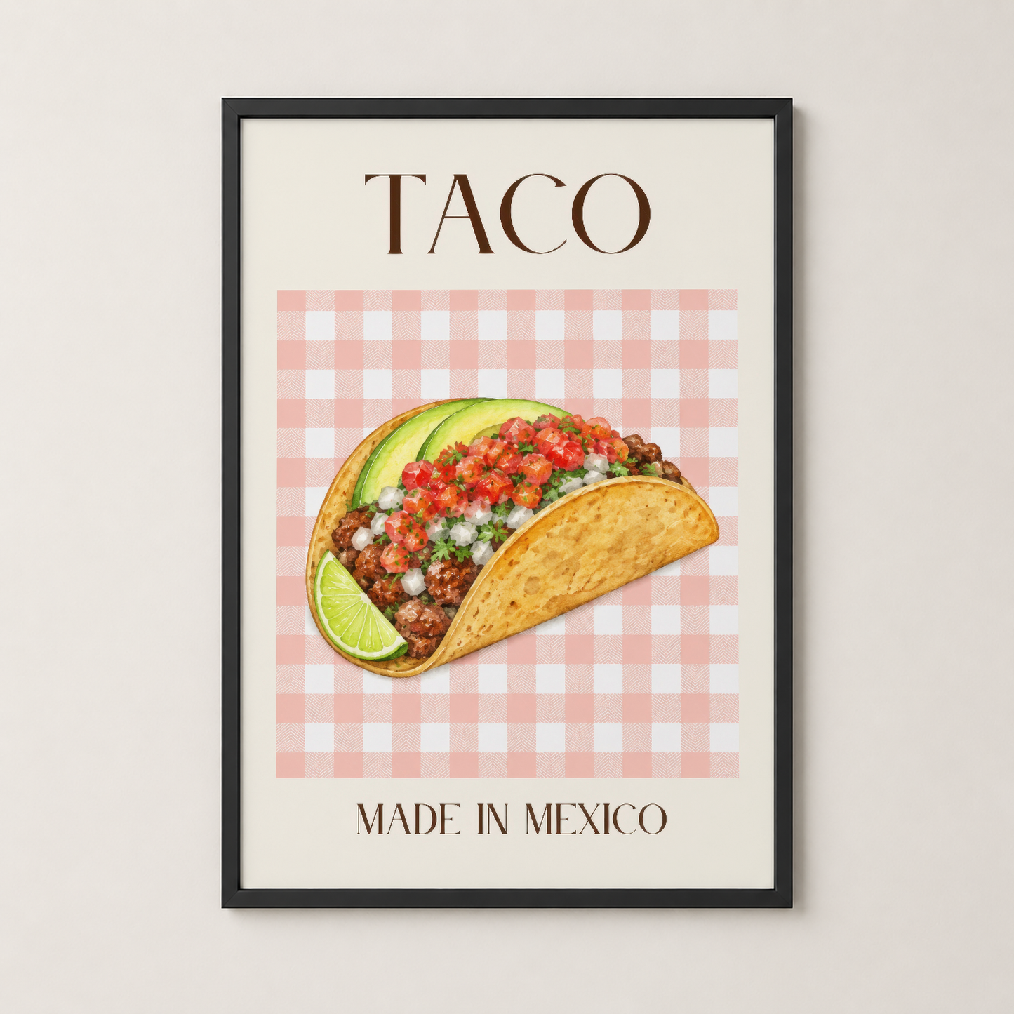 Siyah çerçeveli taco posteri, mutfak dekorasyonunda klasik ve şık görünüm.